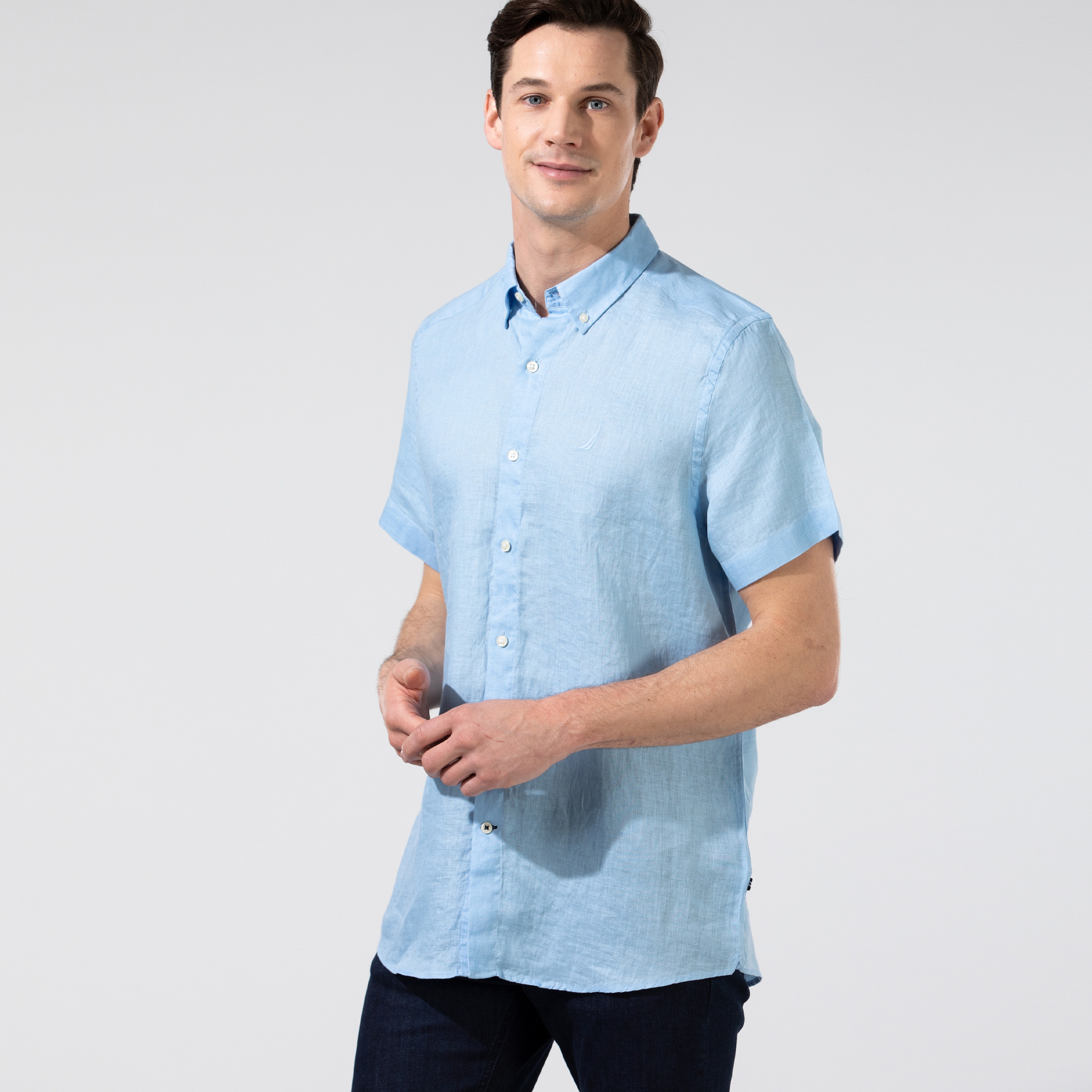 NAUTICA ERKEK CLASSIC FIT MAVİ KISA KOLLU KETEN GÖMLEK