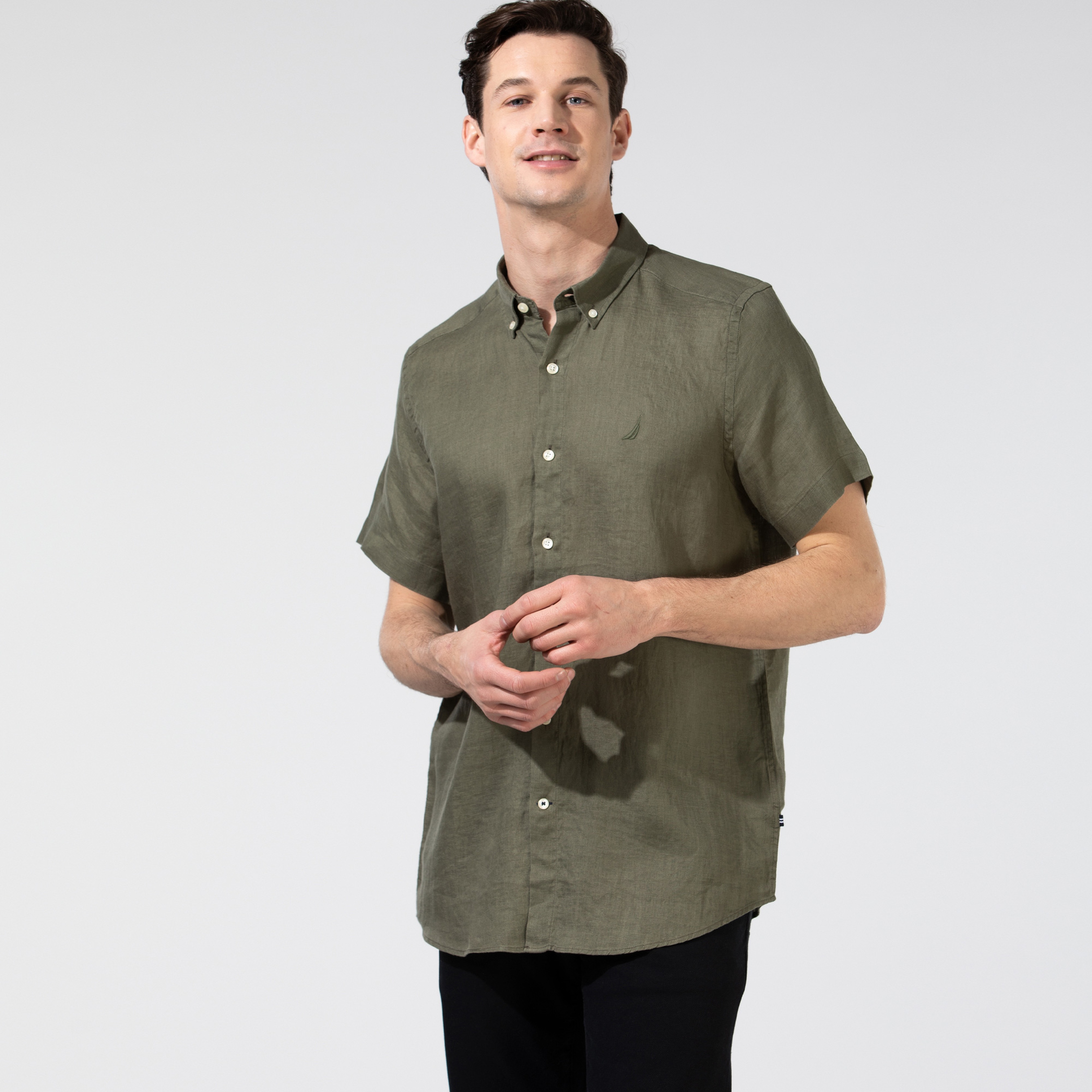 Nautica Erkek Yeşil Classic Fit Kısa Kollu Keten Gömlek