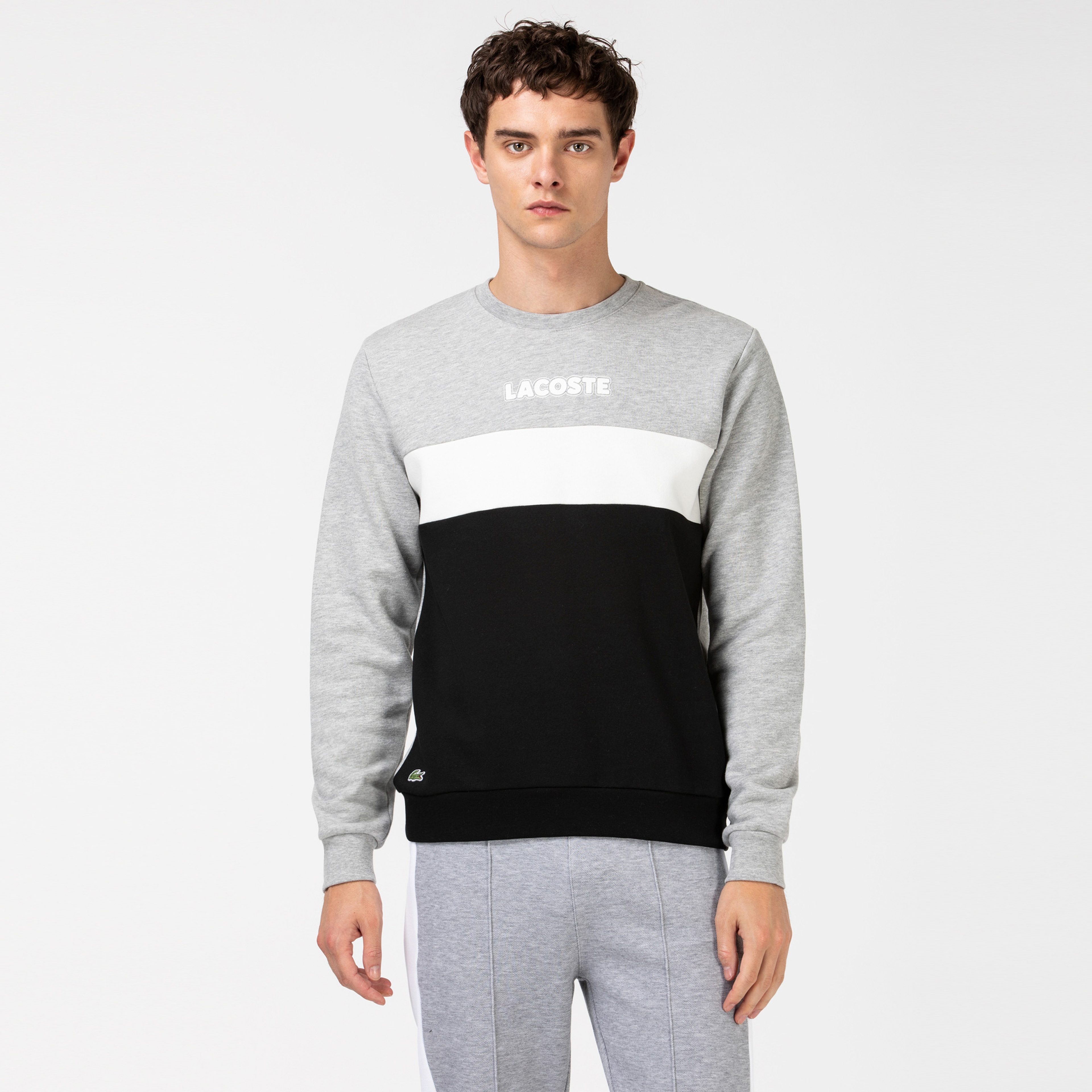 Lacoste Sport Erkek Blok Desenli Baskılı Bisiklet Yaka Gri Sweatshirt
