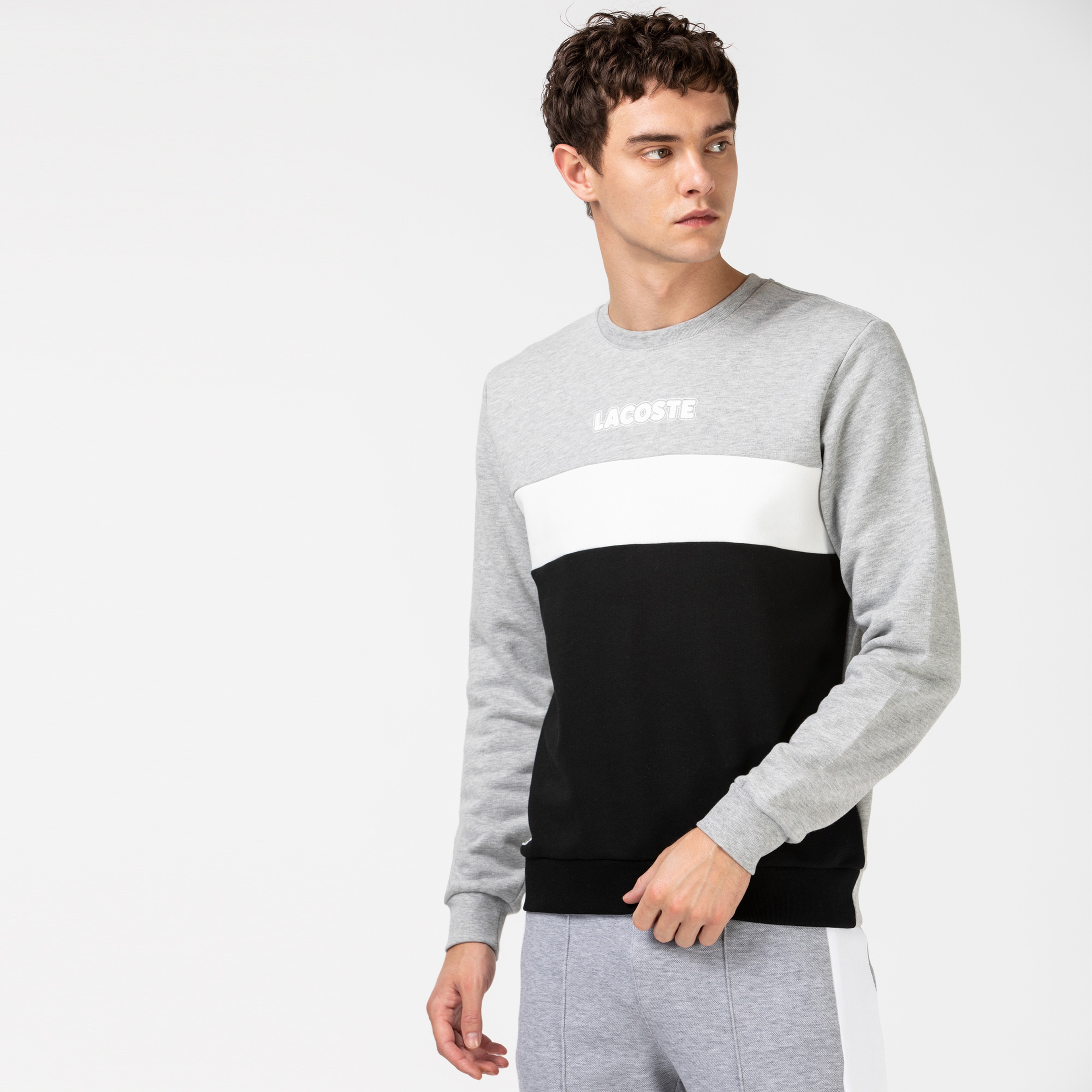 Lacoste Sport Erkek Blok Desenli Baskılı Bisiklet Yaka Gri Sweatshirt