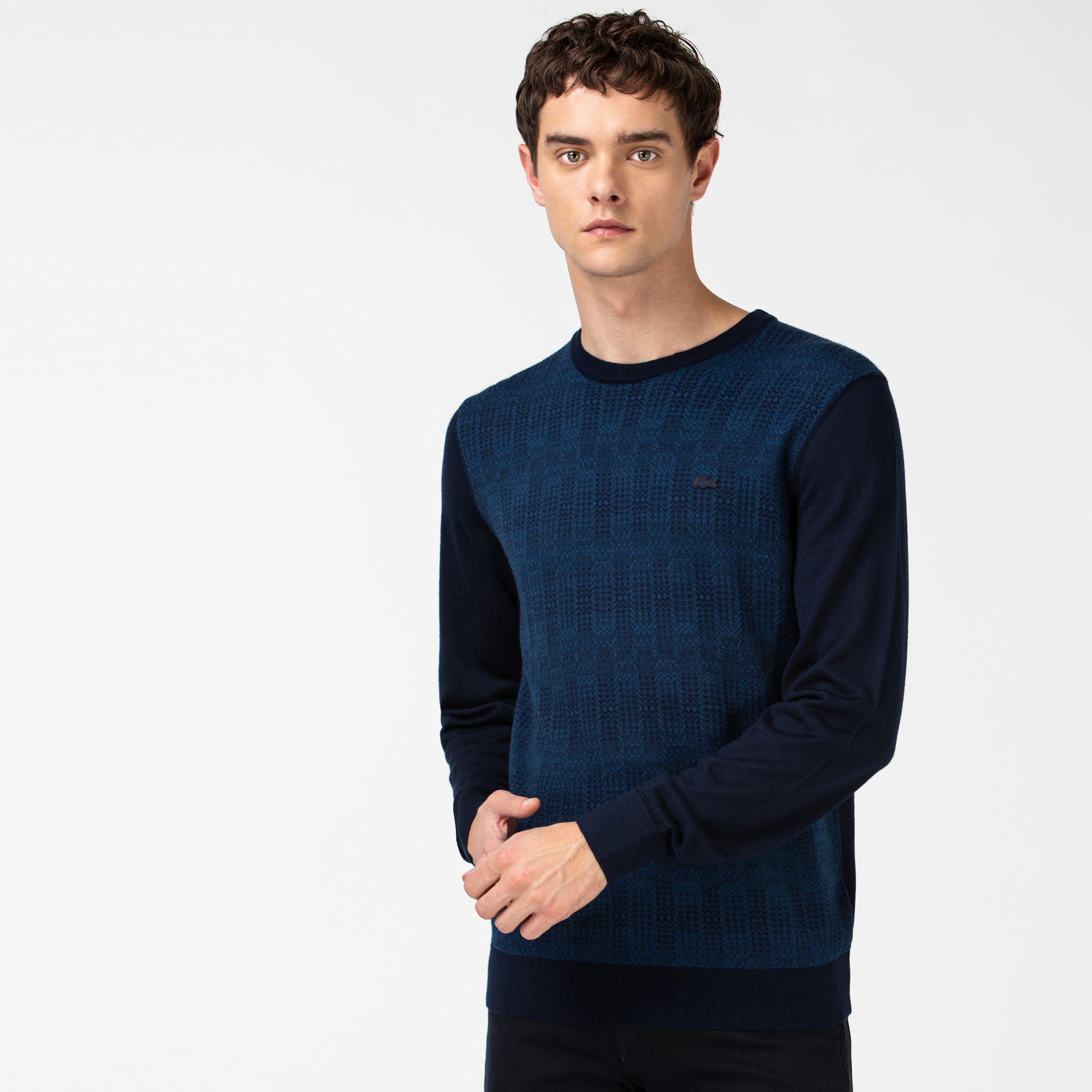 Lacoste Erkek Desenli Bisiklet Yaka Lacivert Triko Kazak