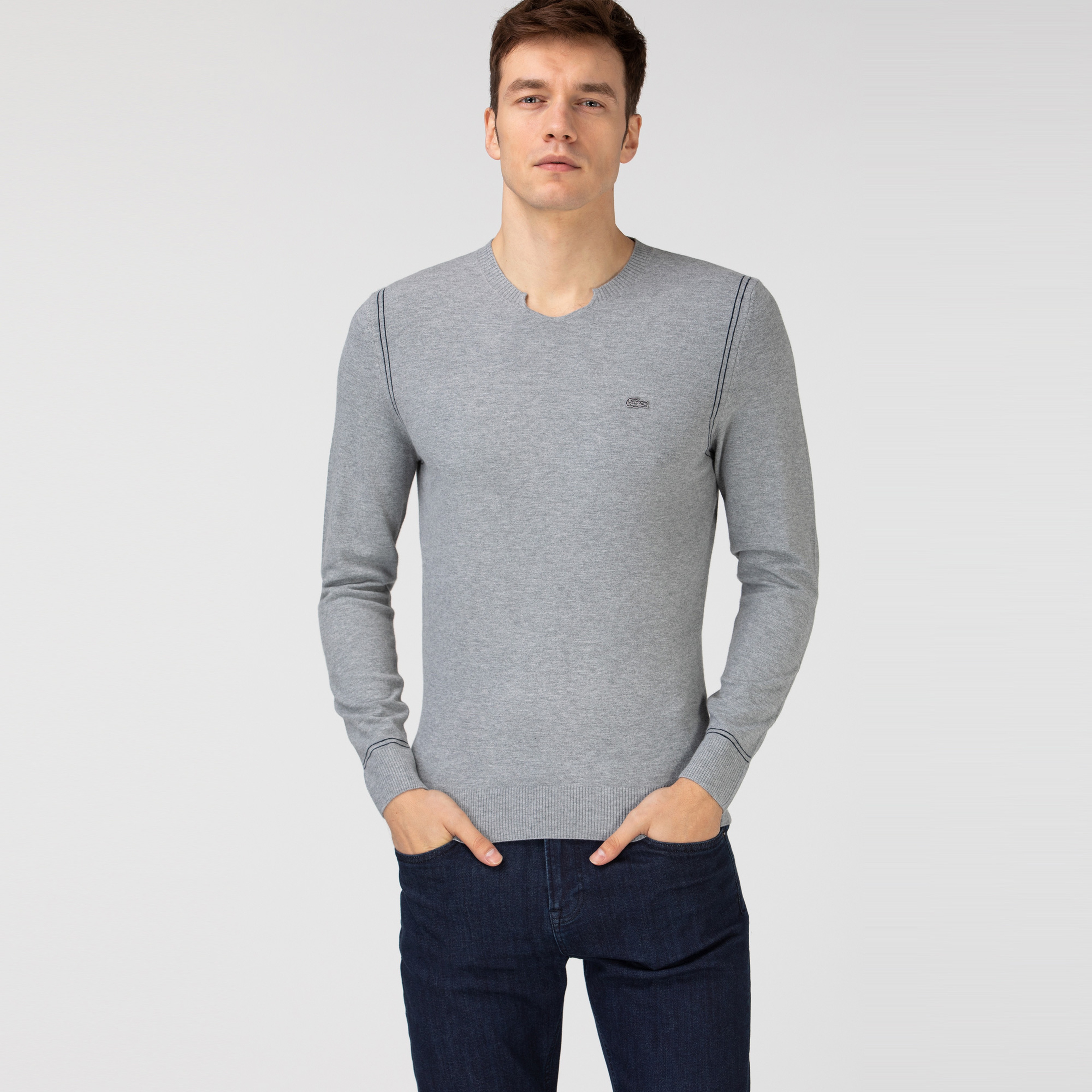 Lacoste Erkek V Yaka Gri Triko Kazak