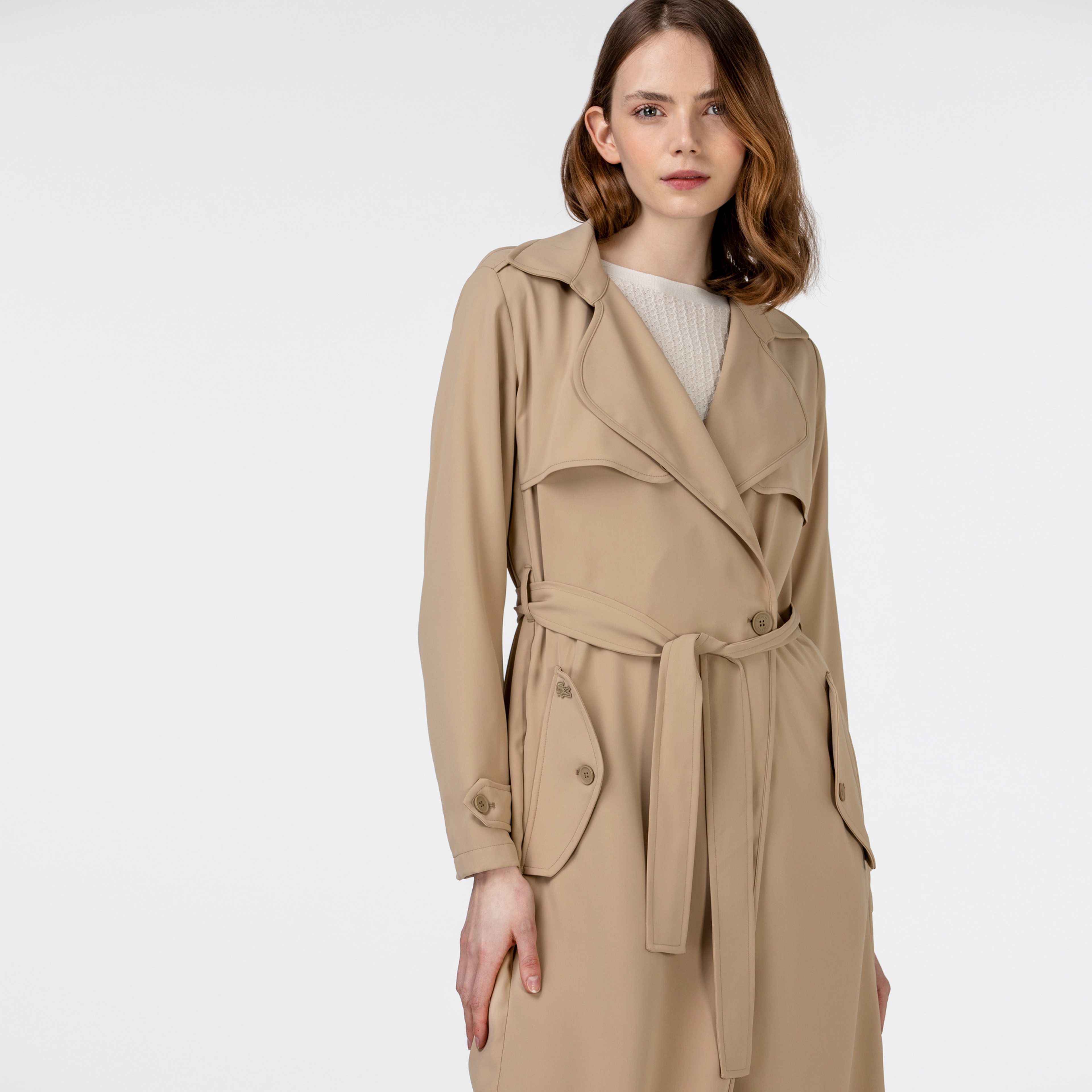 Lacoste Kadın Kruvaze Yaka Bej Trençkot