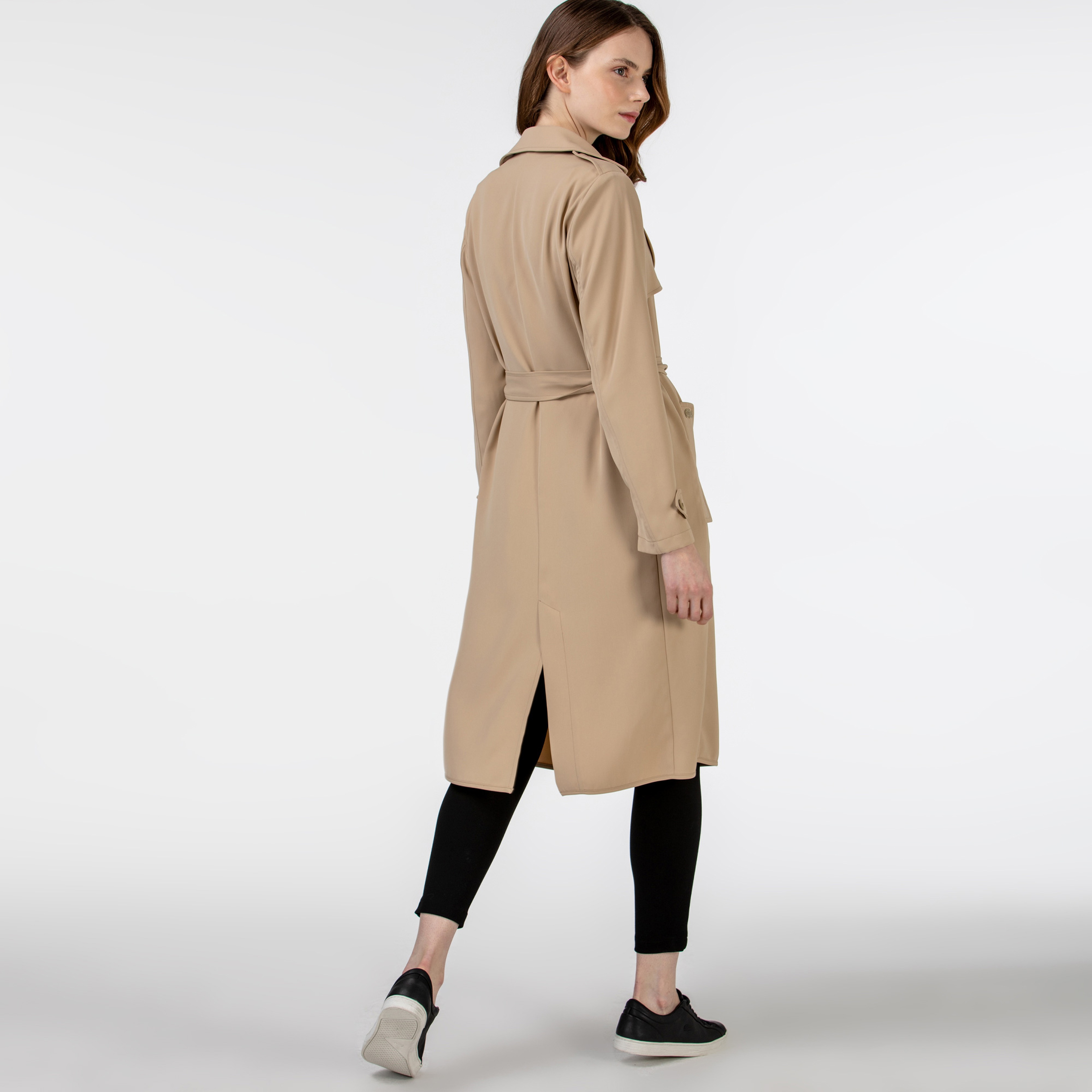 Lacoste Kadın Kruvaze Yaka Bej Trençkot