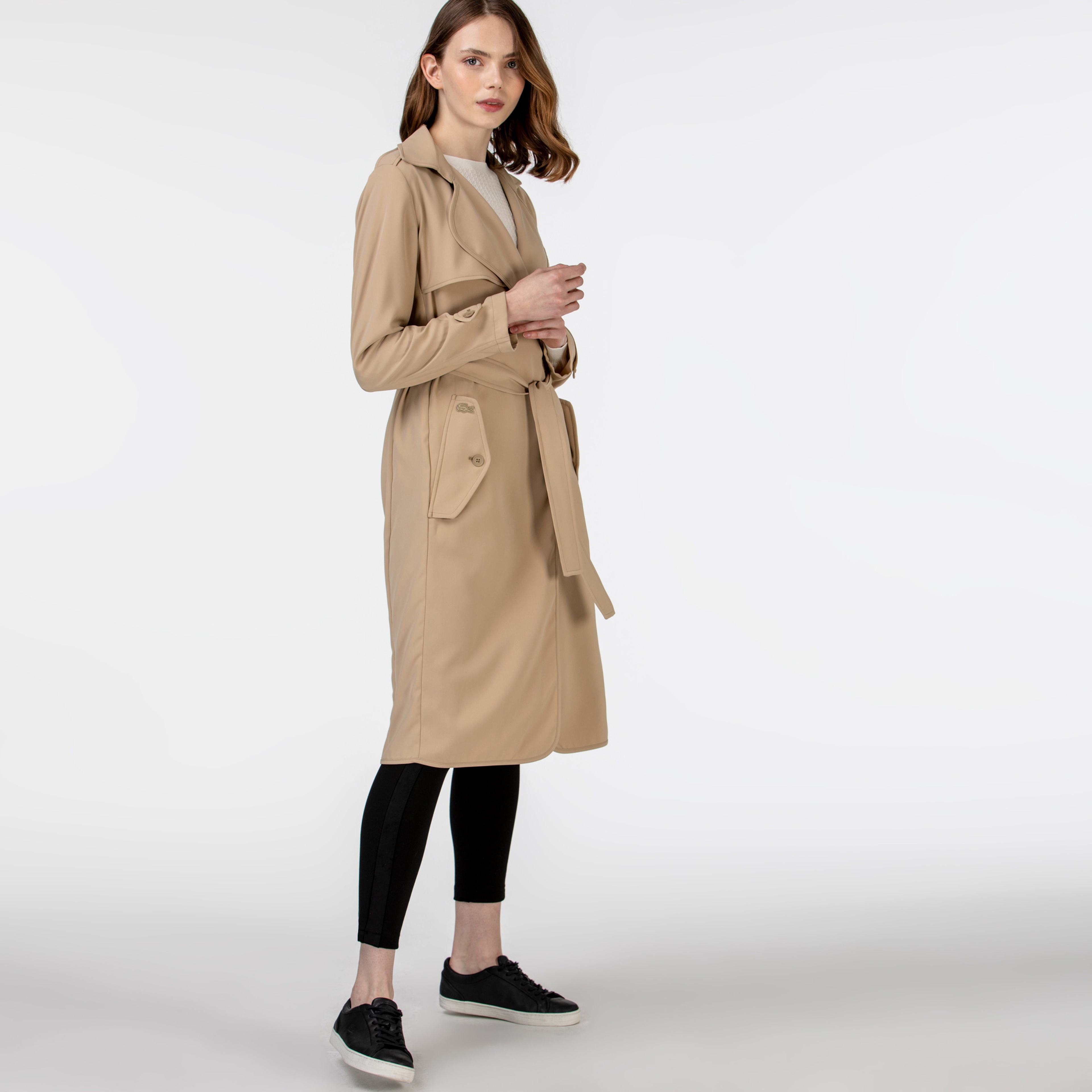 Lacoste Kadın Kruvaze Yaka Bej Trençkot