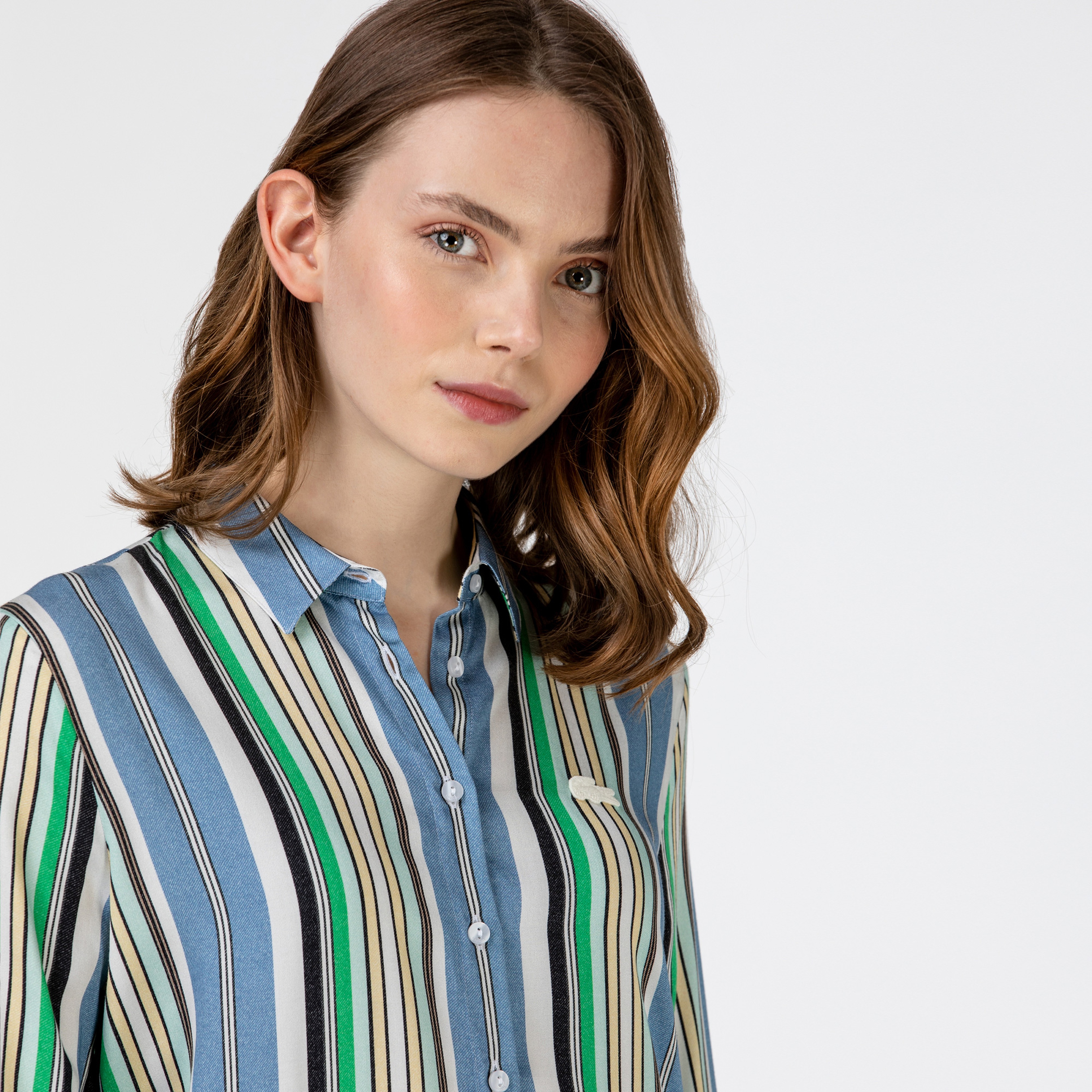 Lacoste Kadın Çizgili Mavi Gömlek