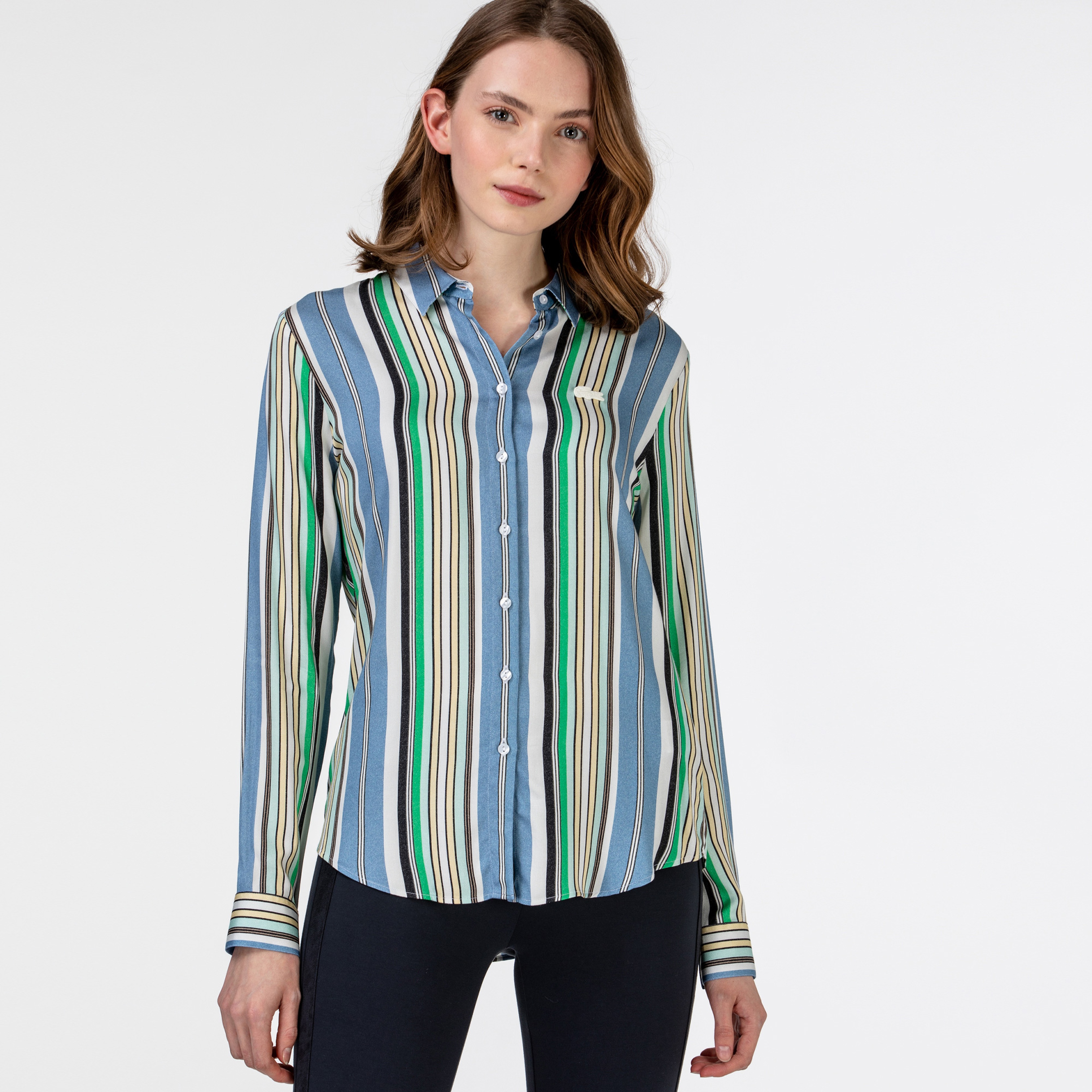 Lacoste Kadın Çizgili Mavi Gömlek