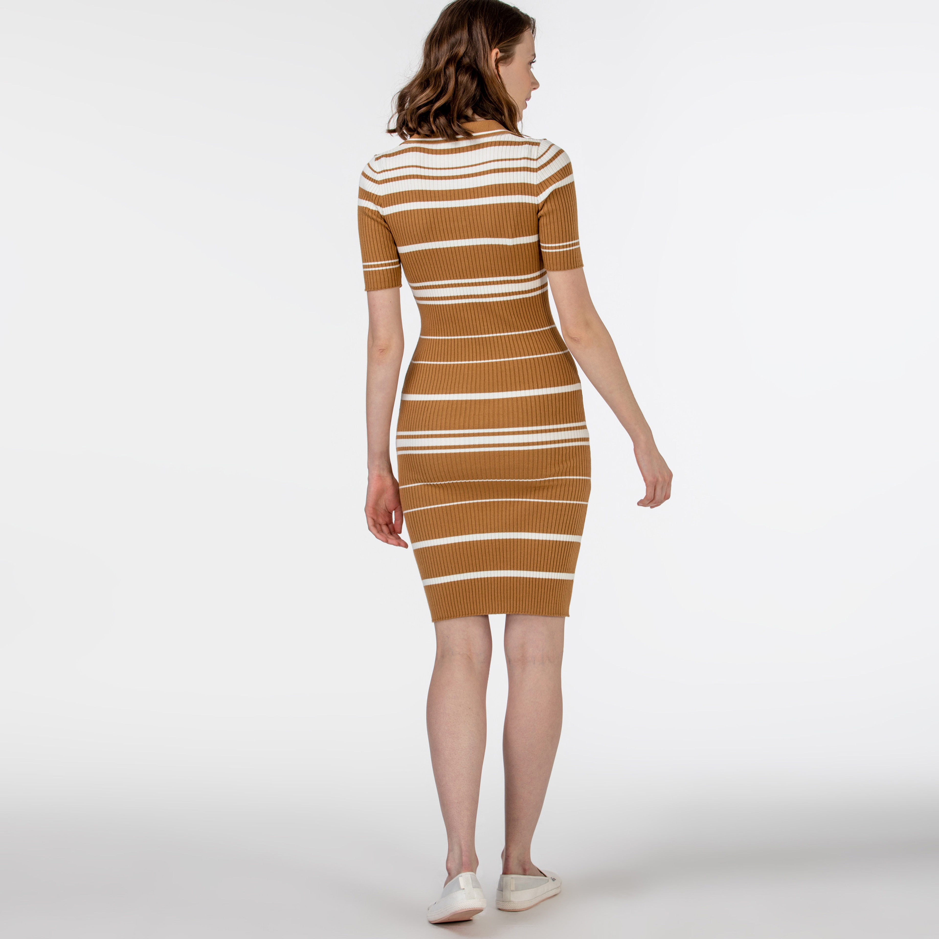 Lacoste Kadın Kısa Kollu Polo Yaka Çizgili Kahverengi Elbise
