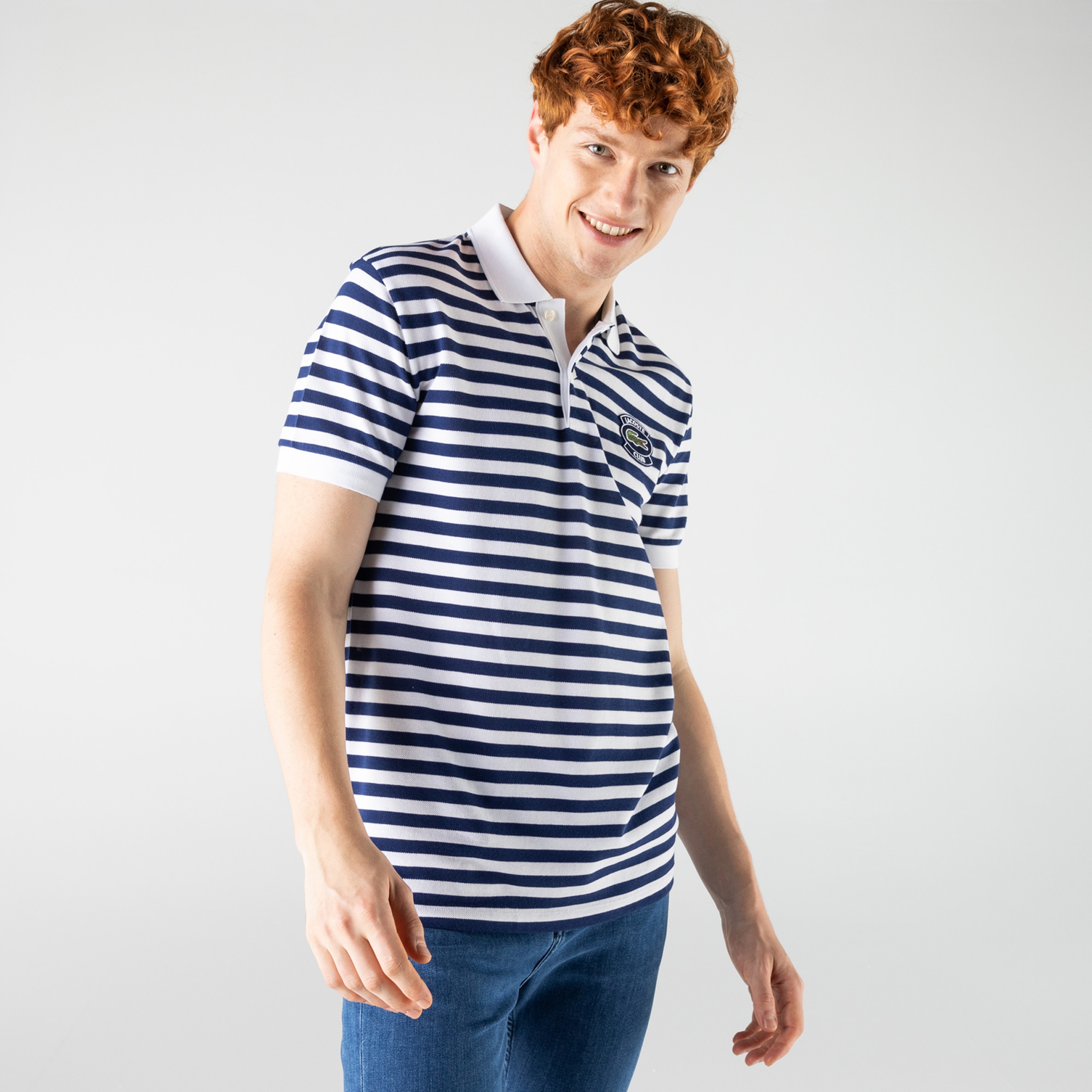 Lacoste Erkek Regular Fit Çizgili Mavi - Beyaz Polo