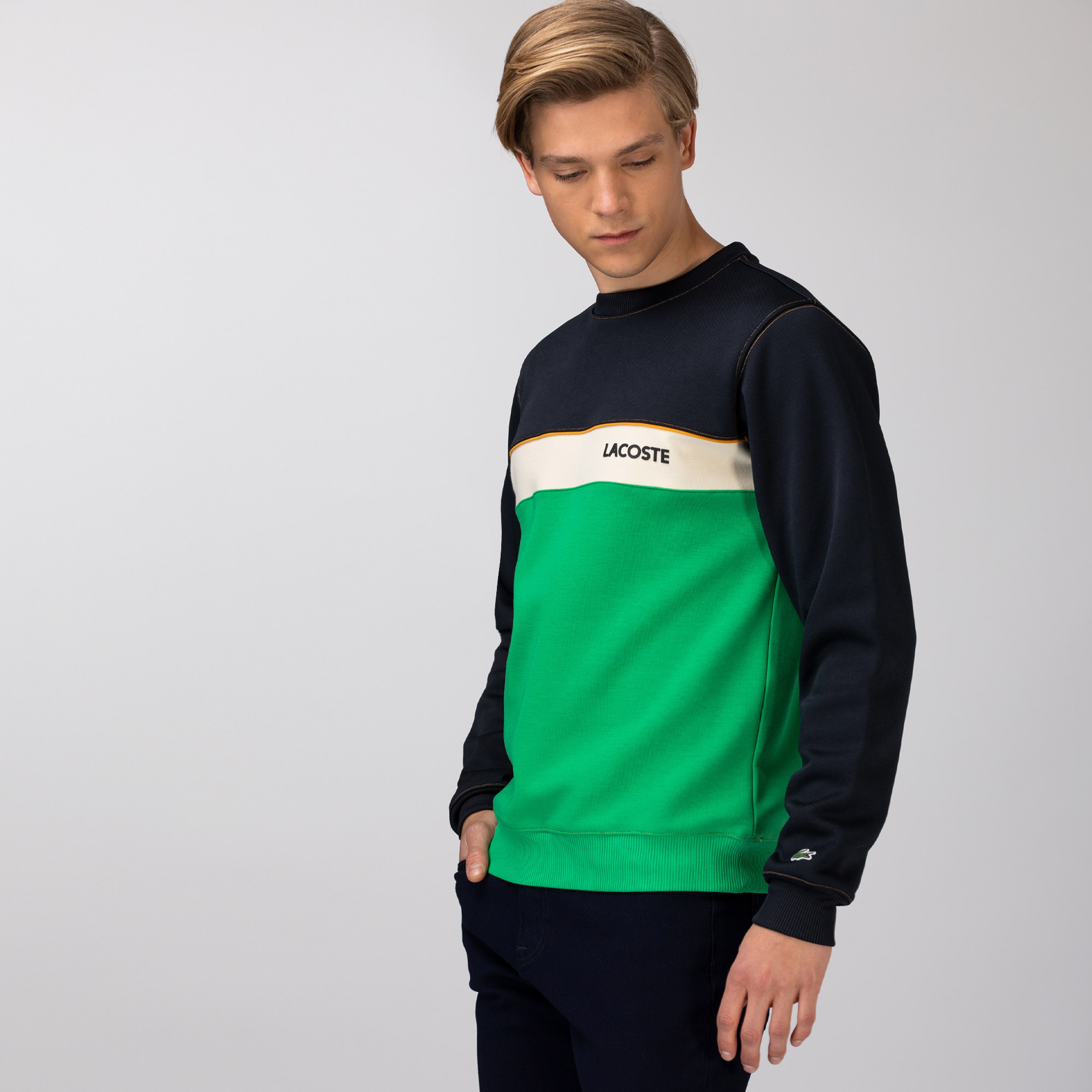 Lacoste Erkek Bisiklet Yaka Renk Bloklu Baskılı Renkli Sweatshirt