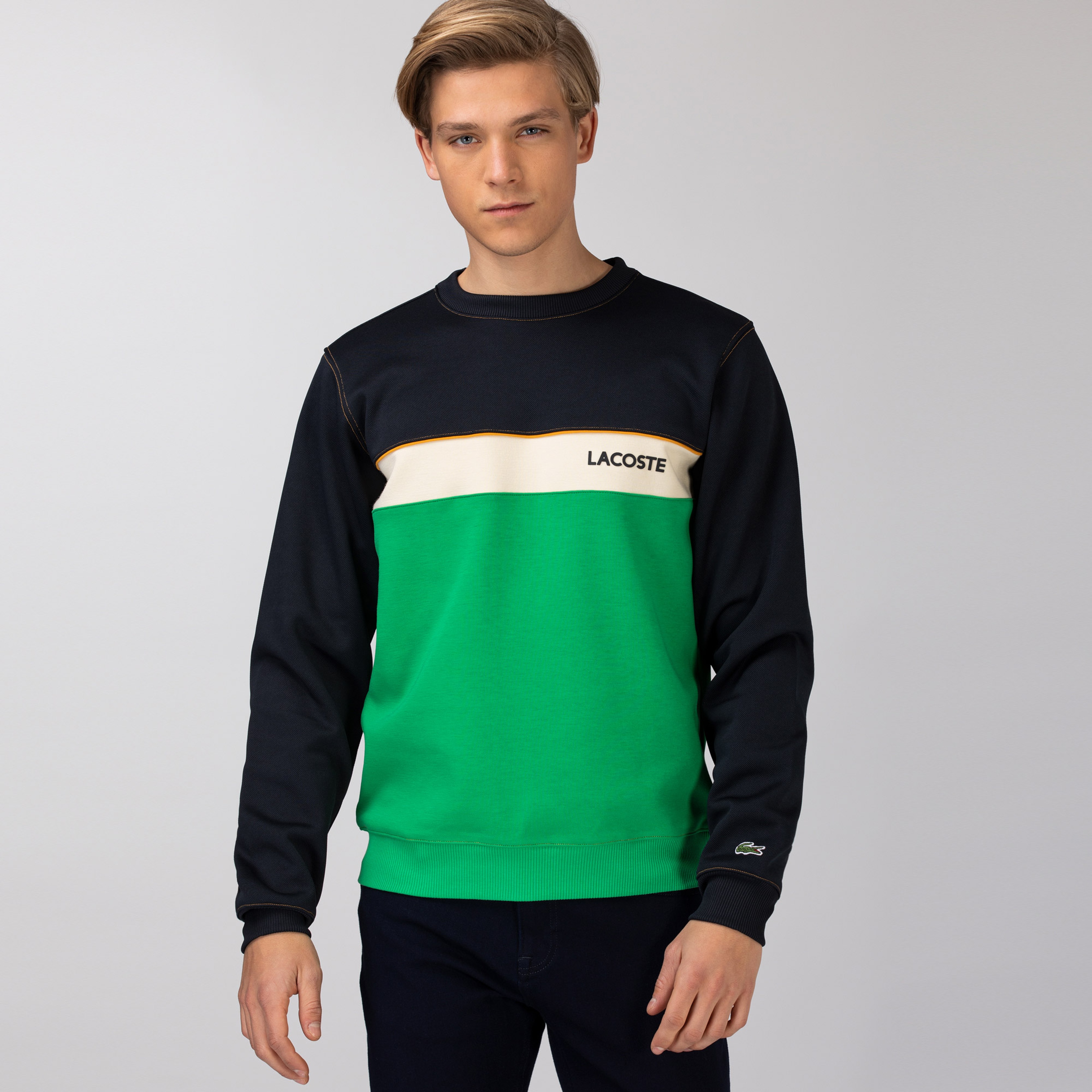 Lacoste Erkek Bisiklet Yaka Renk Bloklu Baskılı Renkli Sweatshirt