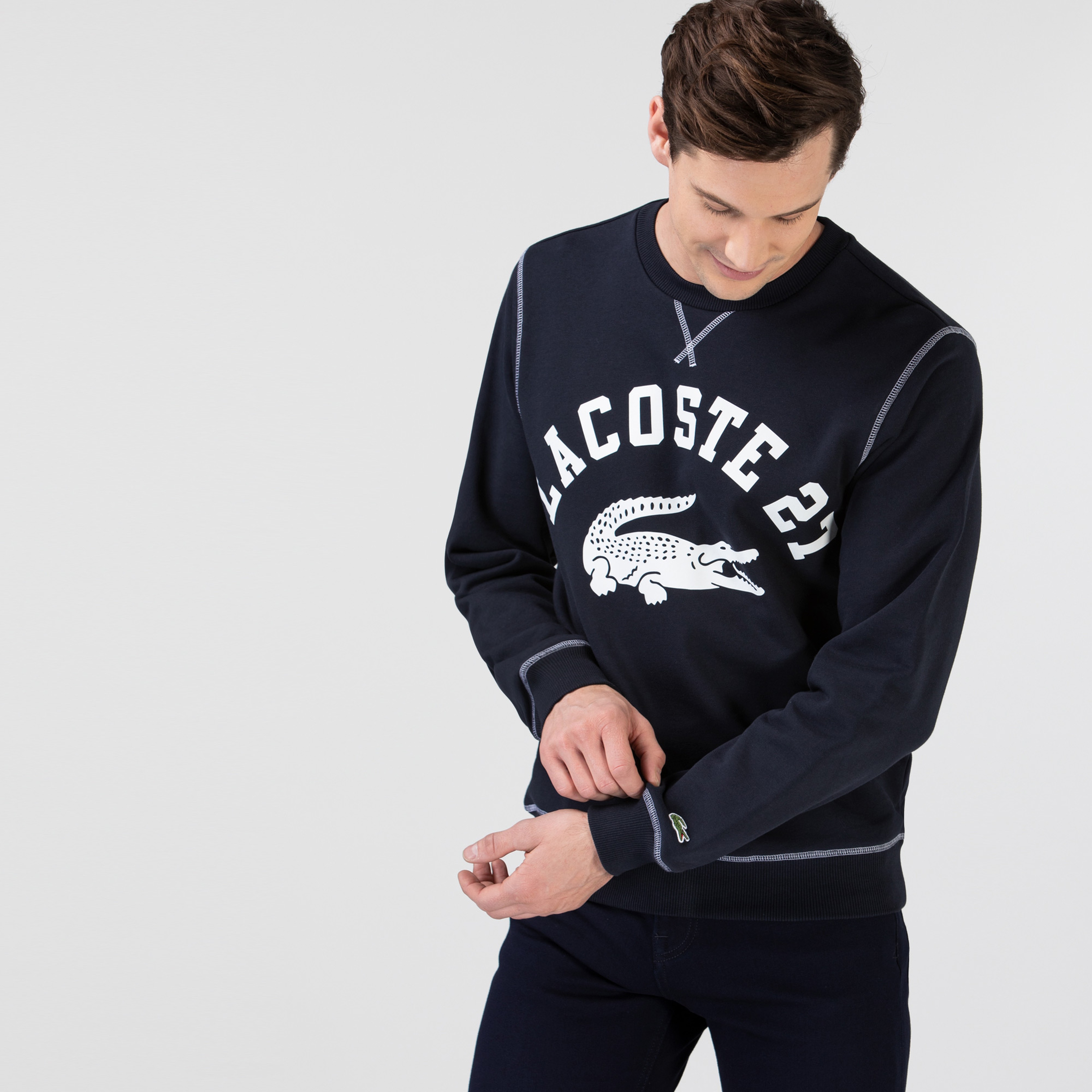 Lacoste Erkek Klasik Fit Bisiklet Yaka Baskılı Lacivert Sweatshirt