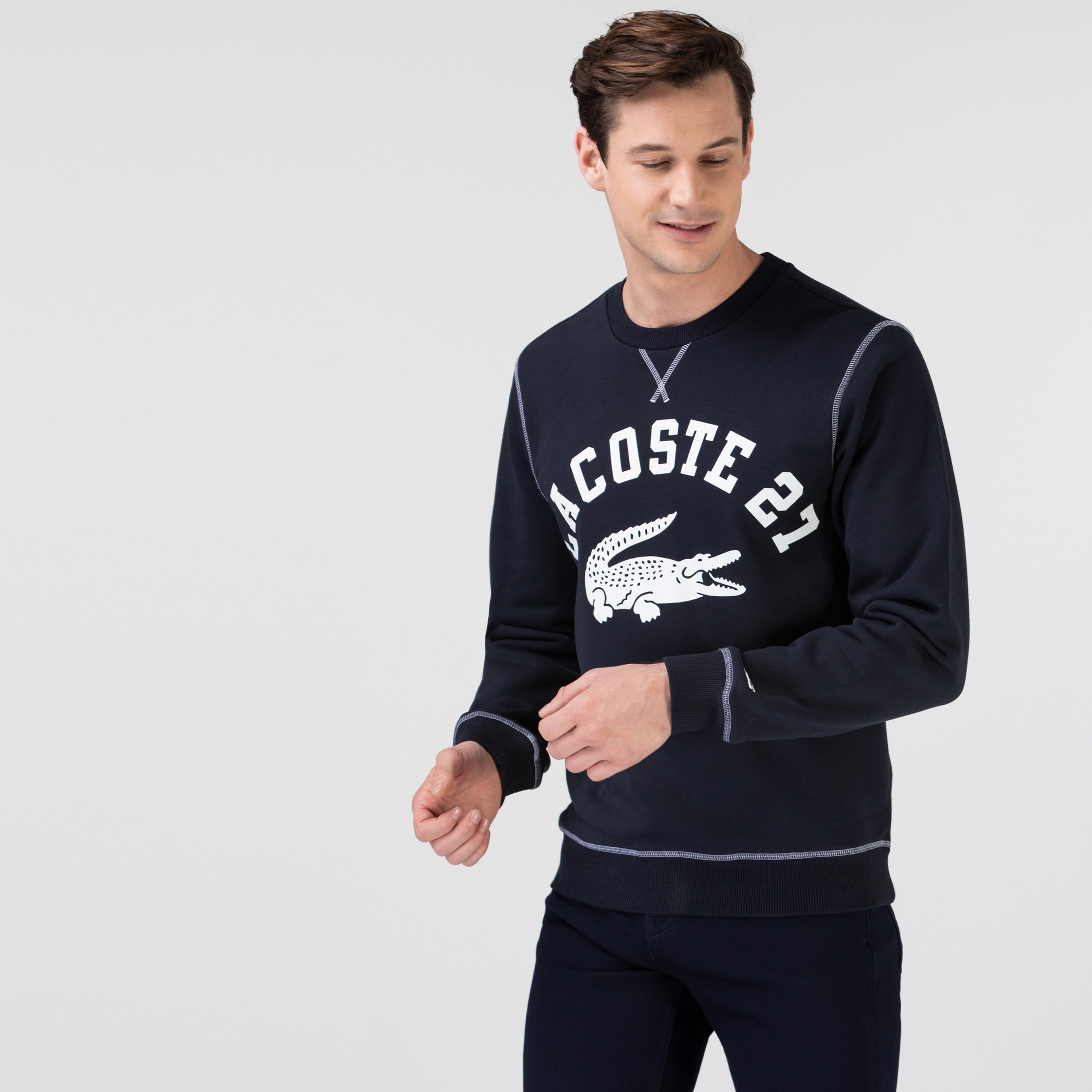Lacoste Erkek Klasik Fit Bisiklet Yaka Baskılı Lacivert Sweatshirt
