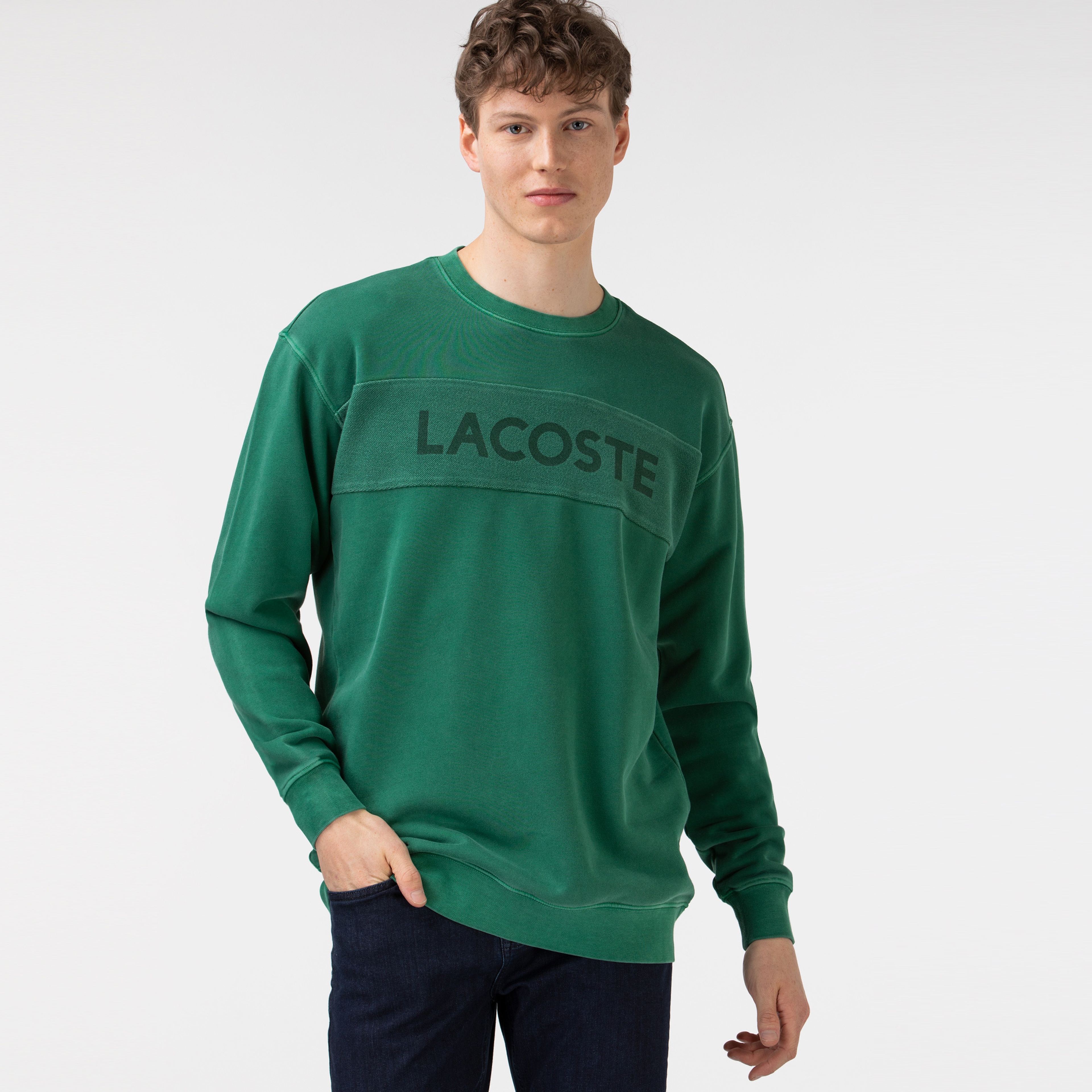 Lacoste Erkek Rahat Fit Bisiklet Yaka Baskılı Yeşil Sweatshirt