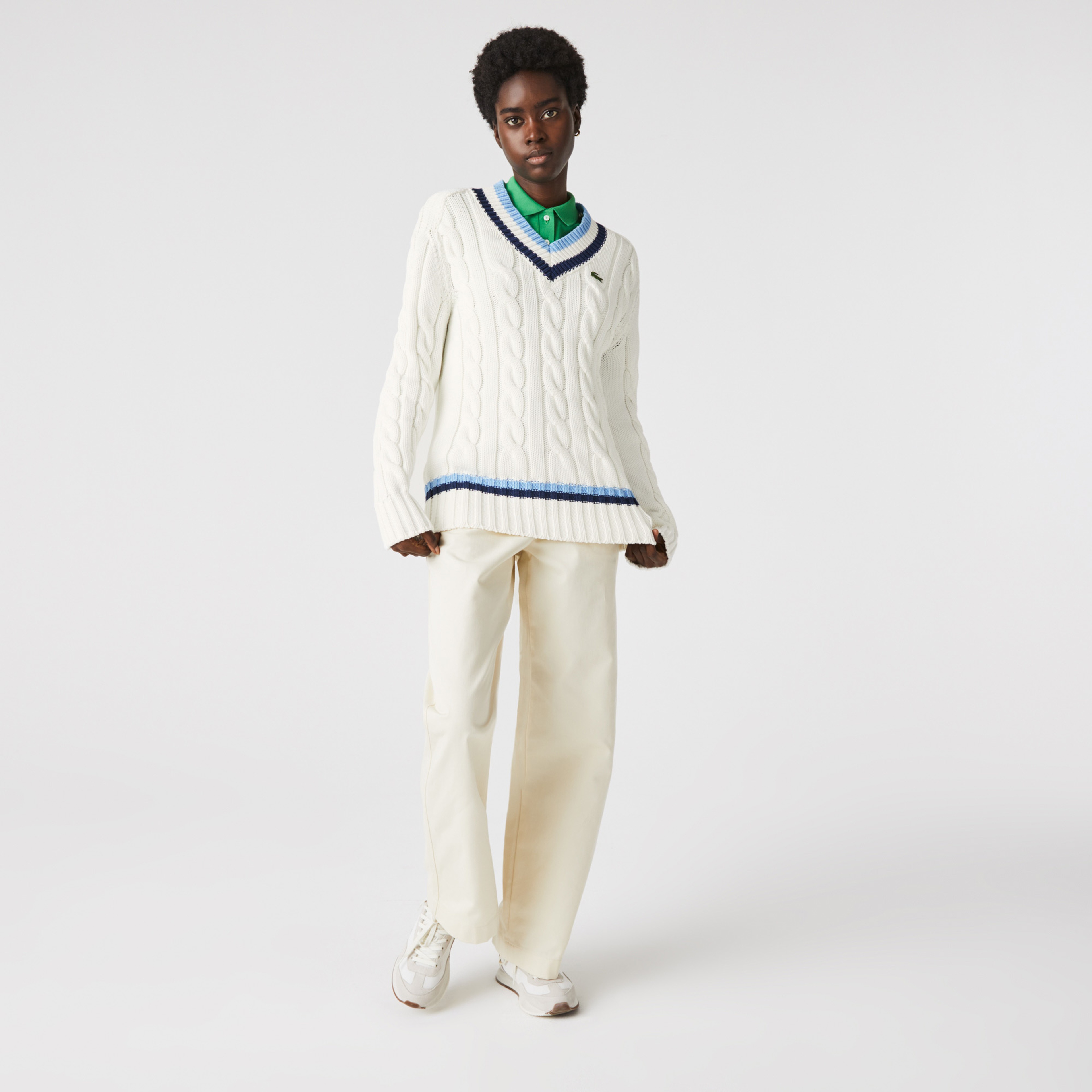 Lacoste Unisex V Yaka Desenli Beyaz Triko Kazak