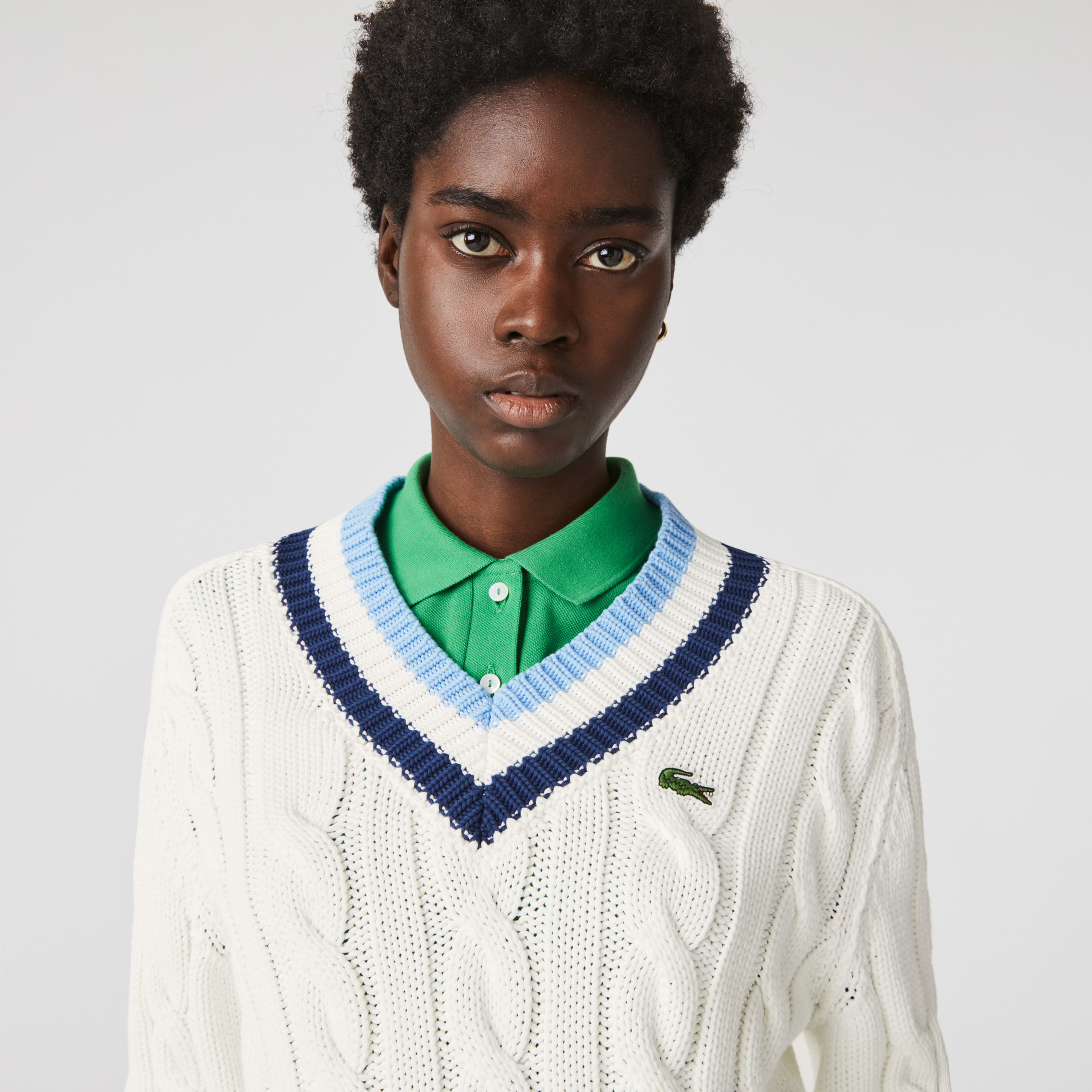 Lacoste Unisex V Yaka Desenli Beyaz Triko Kazak