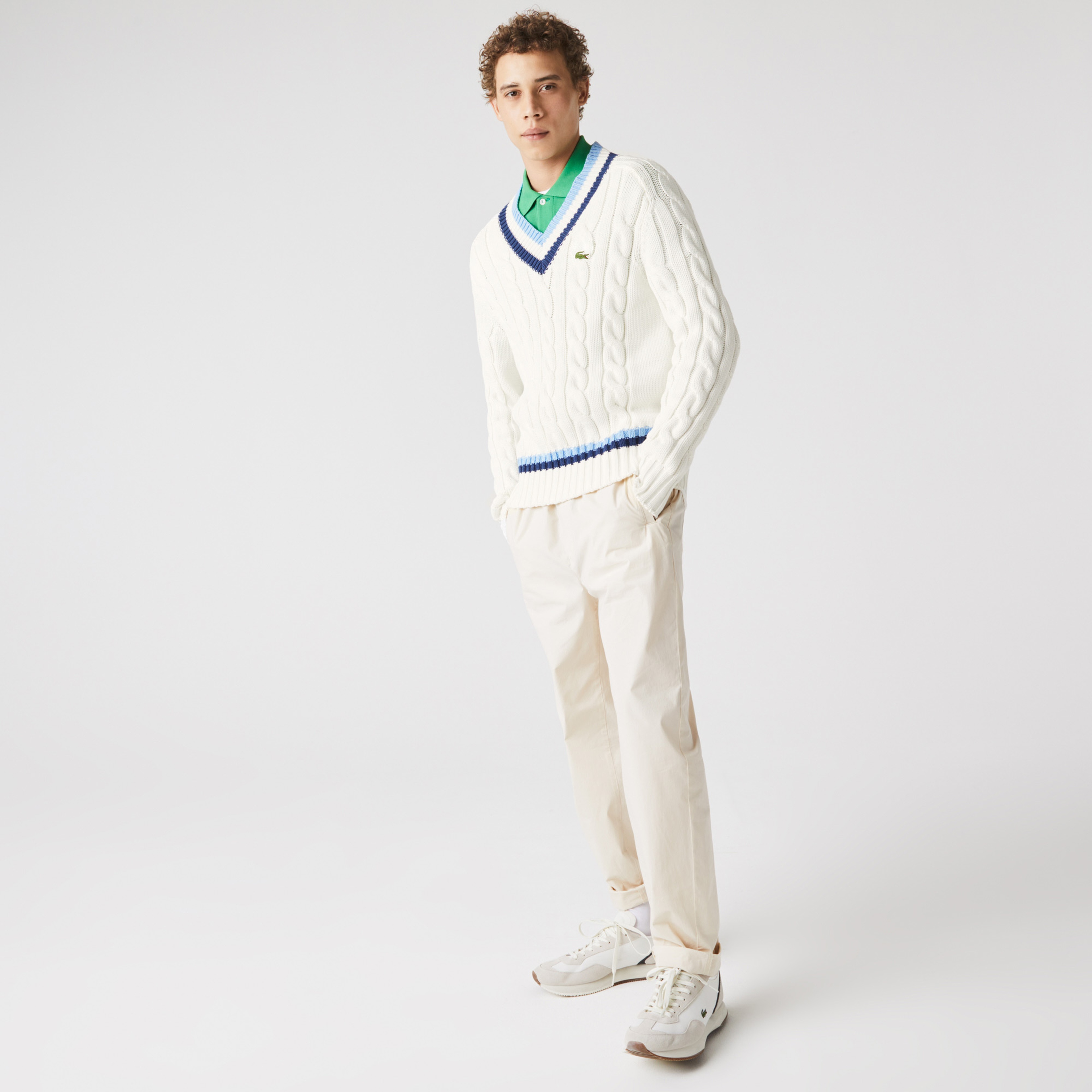 Lacoste Unisex V Yaka Desenli Beyaz Triko Kazak