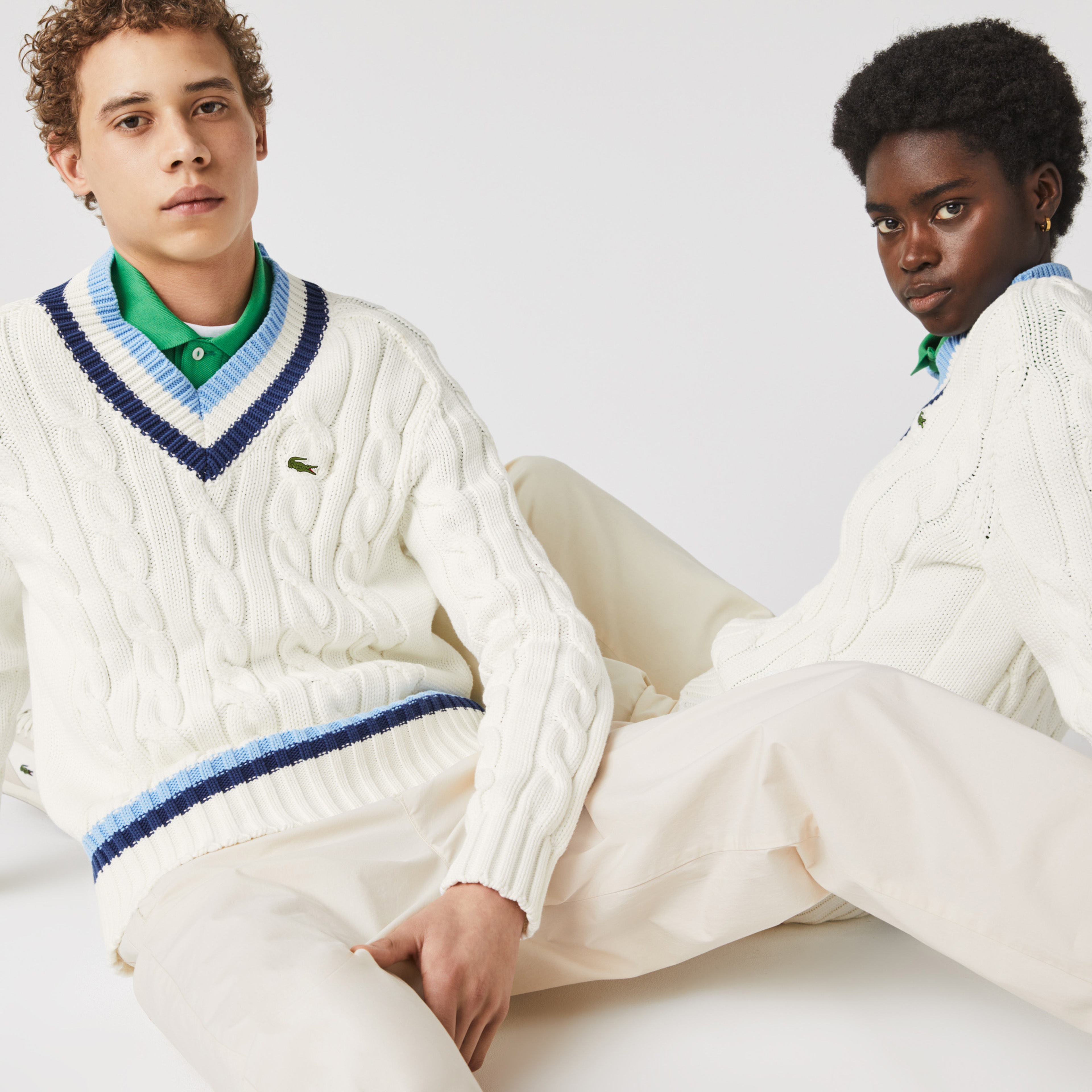 Lacoste Unisex V Yaka Desenli Beyaz Triko Kazak