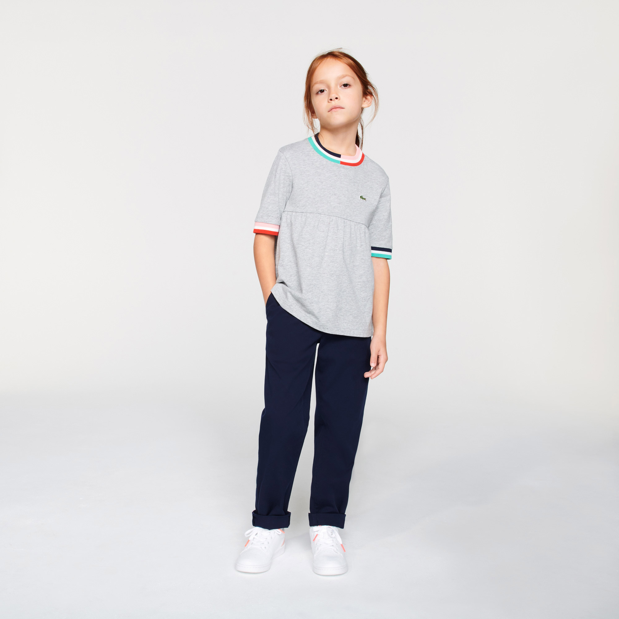 Lacoste Çocuk Bisiklet Yaka Çizgili Gri T-Shirt