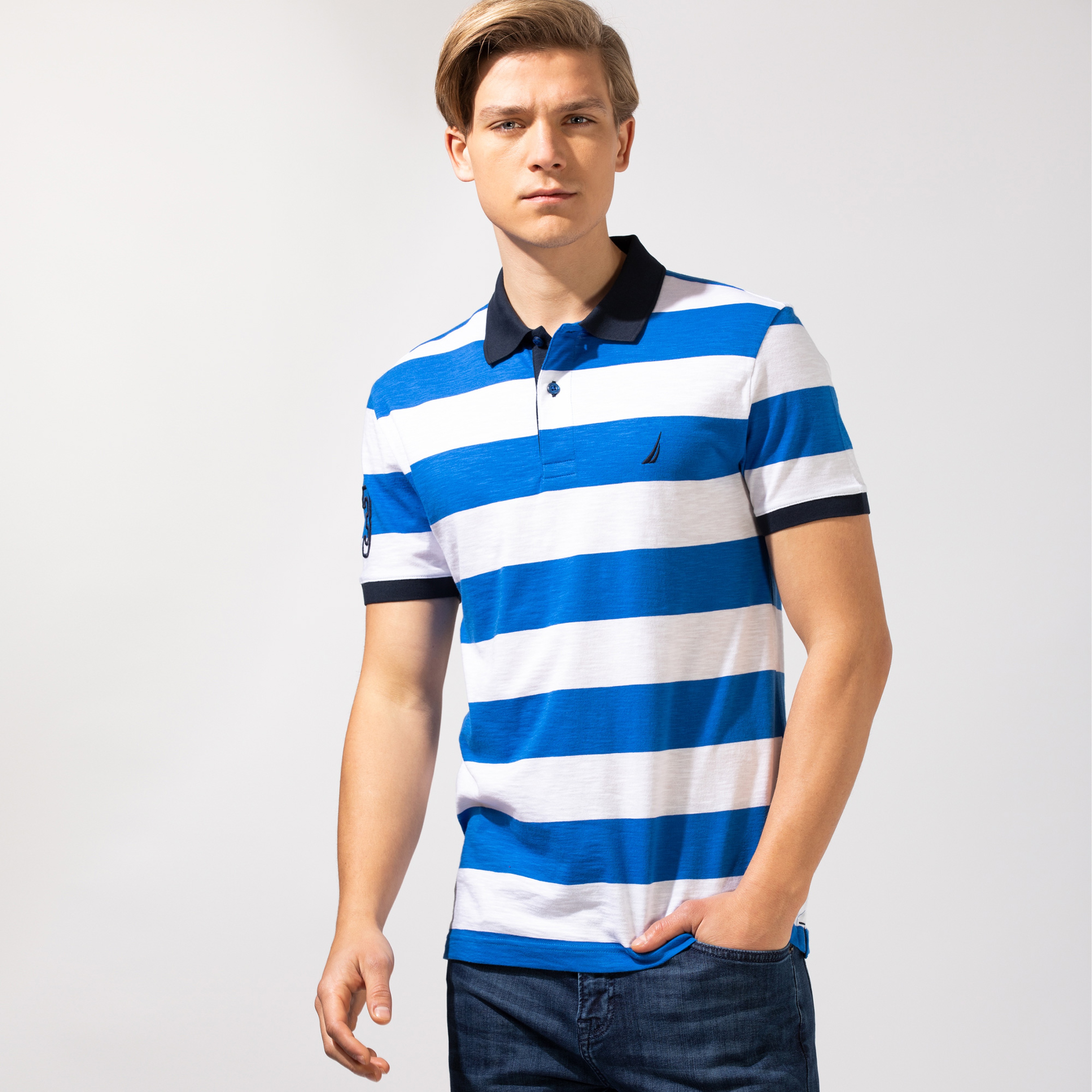 NAUTICA ERKEK MAVİ ÇİZGİLİ SLIM FIT KISA KOLLU POLO