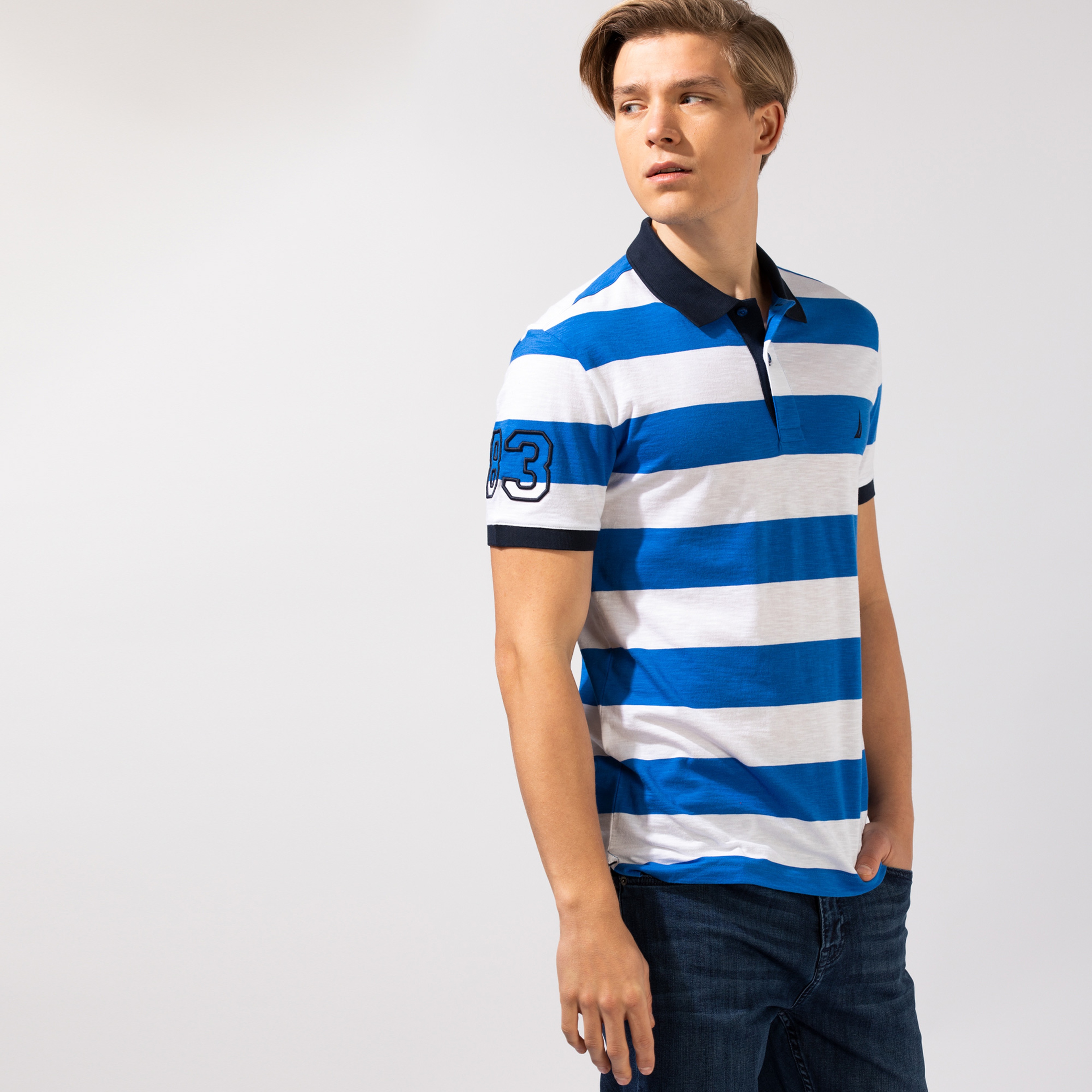 NAUTICA ERKEK MAVİ ÇİZGİLİ SLIM FIT KISA KOLLU POLO