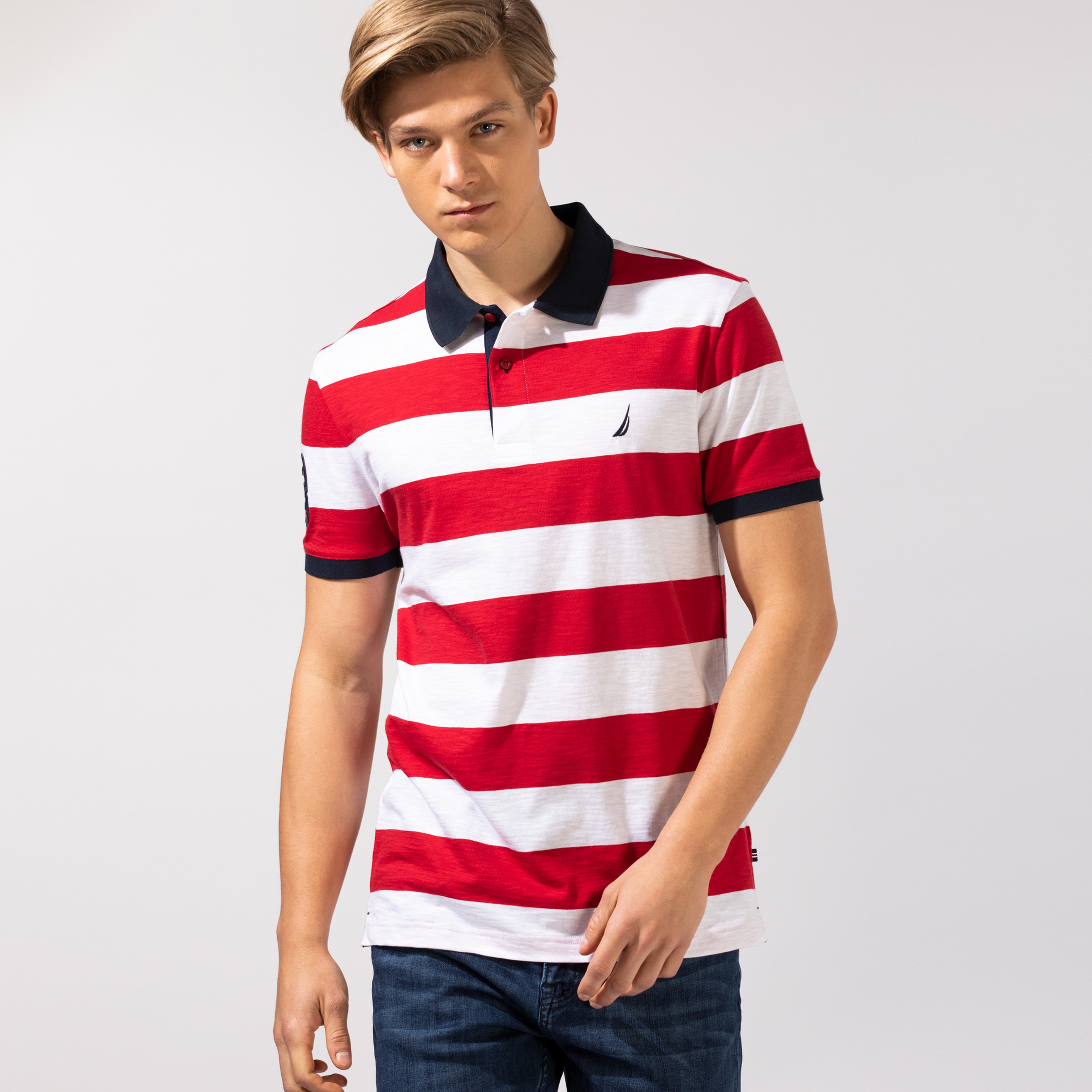 NAUTICA ERKEK KIRMIZI ÇİZGİLİ SLIM FIT KISA KOLLU POLO