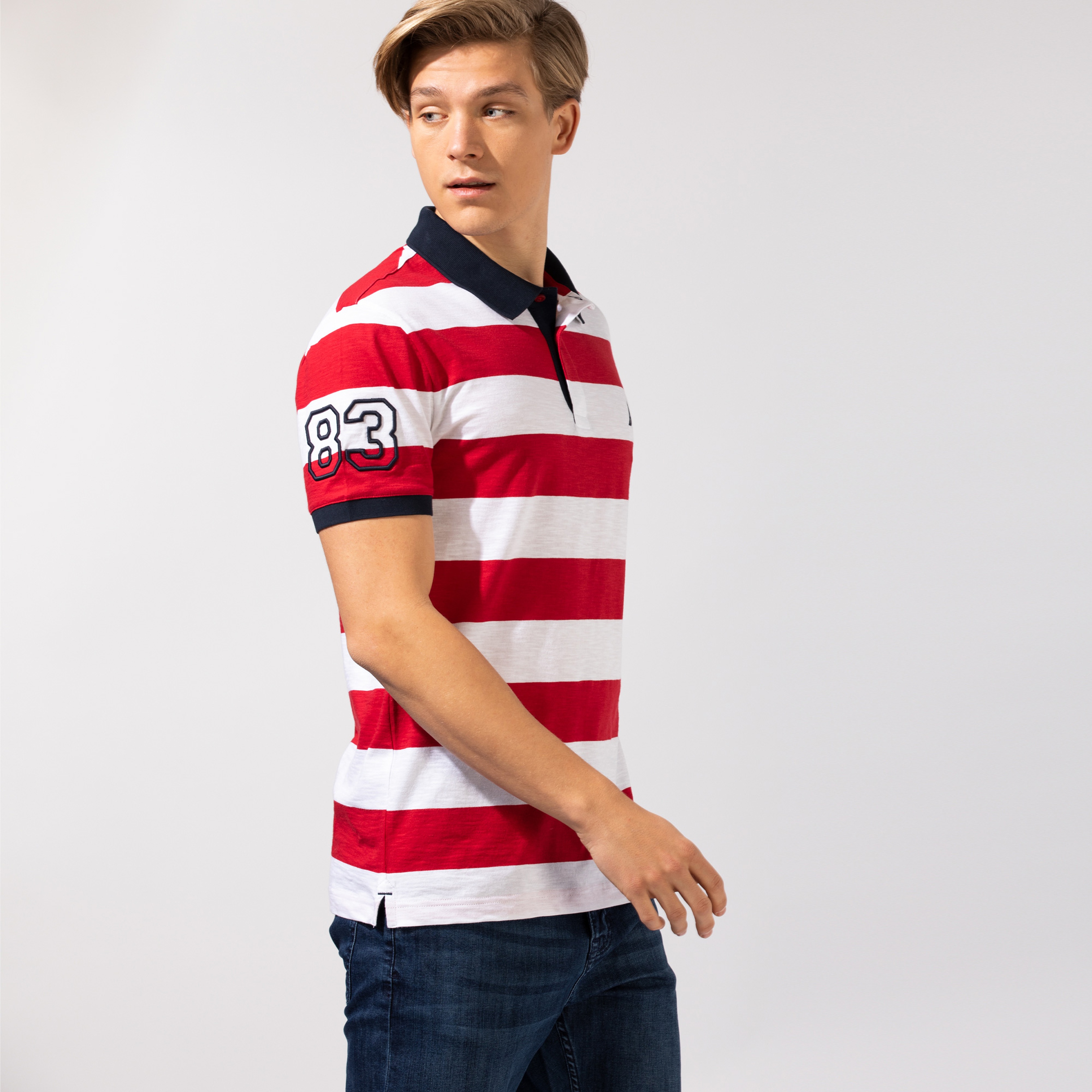 NAUTICA ERKEK KIRMIZI ÇİZGİLİ SLIM FIT KISA KOLLU POLO