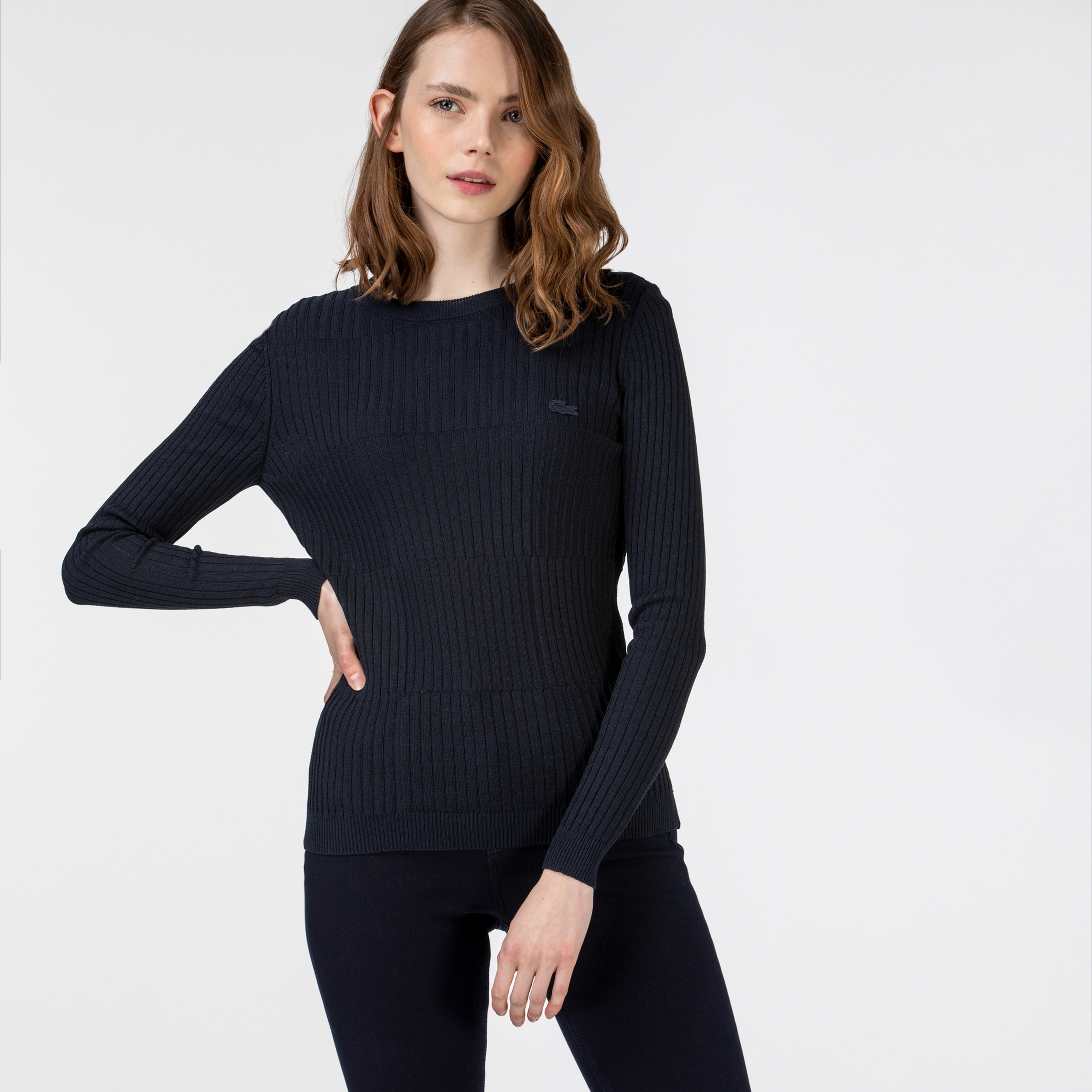 Lacoste Kadın Bisiklet Yaka Desenli Lacivert Triko Kazak