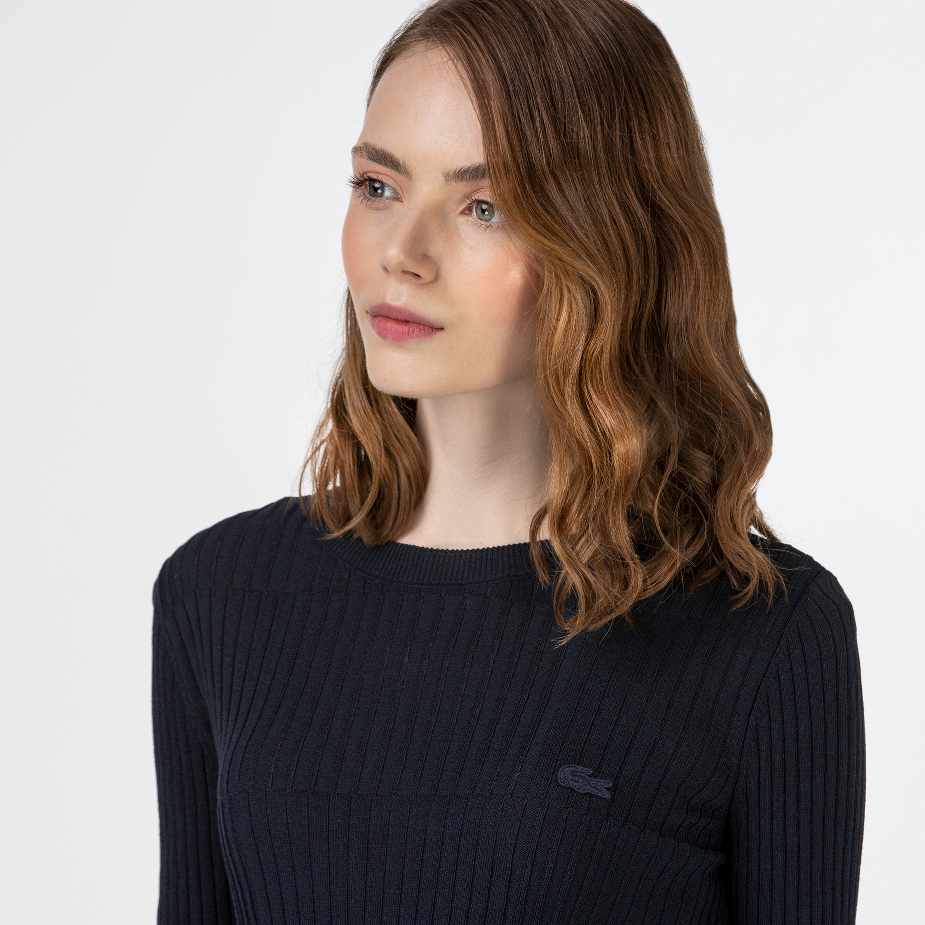 Lacoste Kadın Bisiklet Yaka Desenli Lacivert Triko Kazak