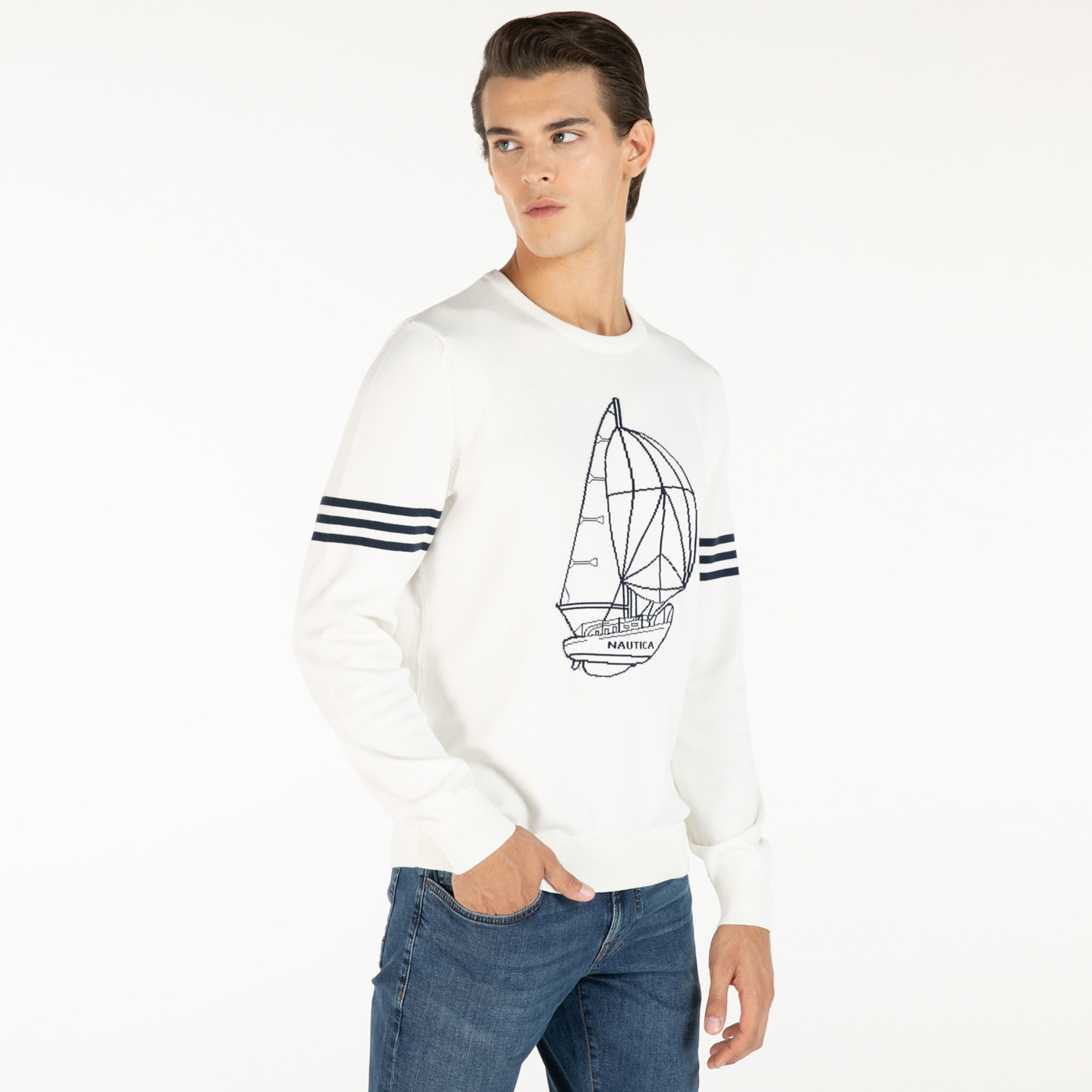 NAUTICA ERKEK KIRIK BEYAZ BASKILI TRİKO KAZAK