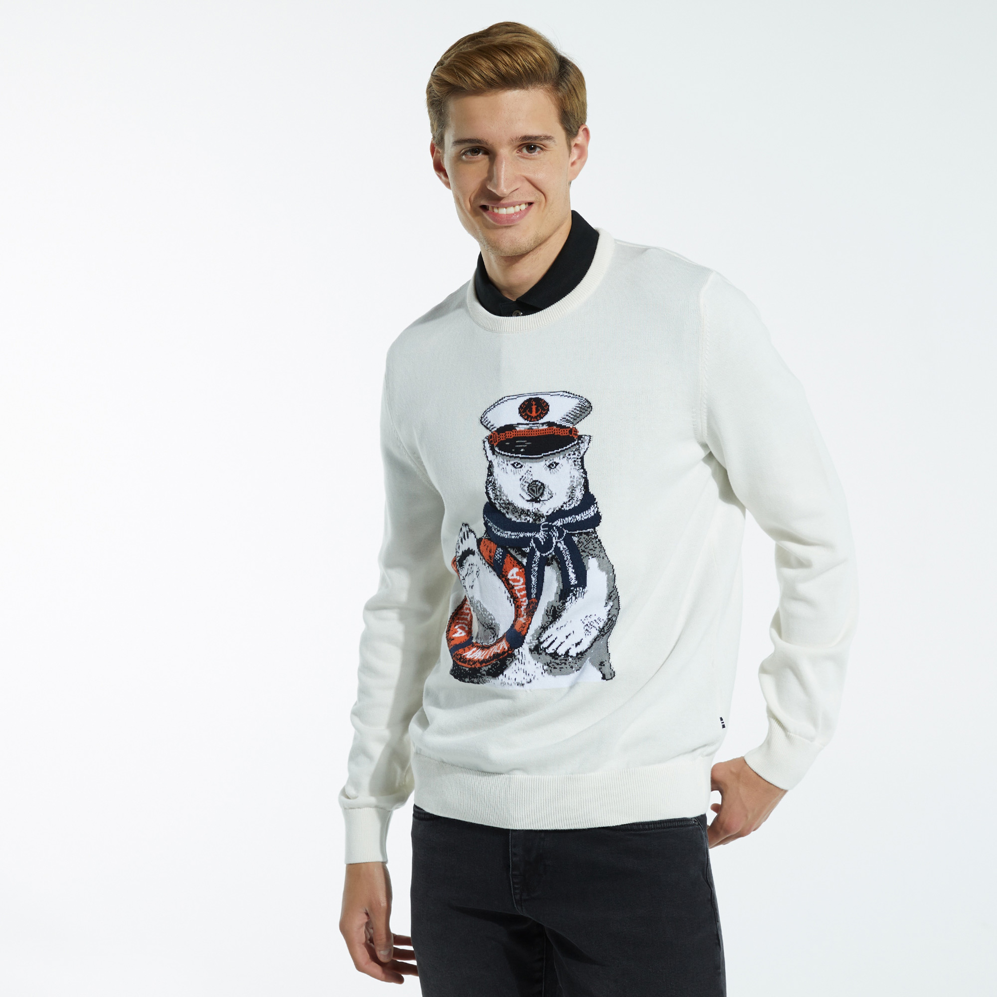 NAUTICA ERKEK KIRIK BEYAZ BASKILI TRİKO KAZAK