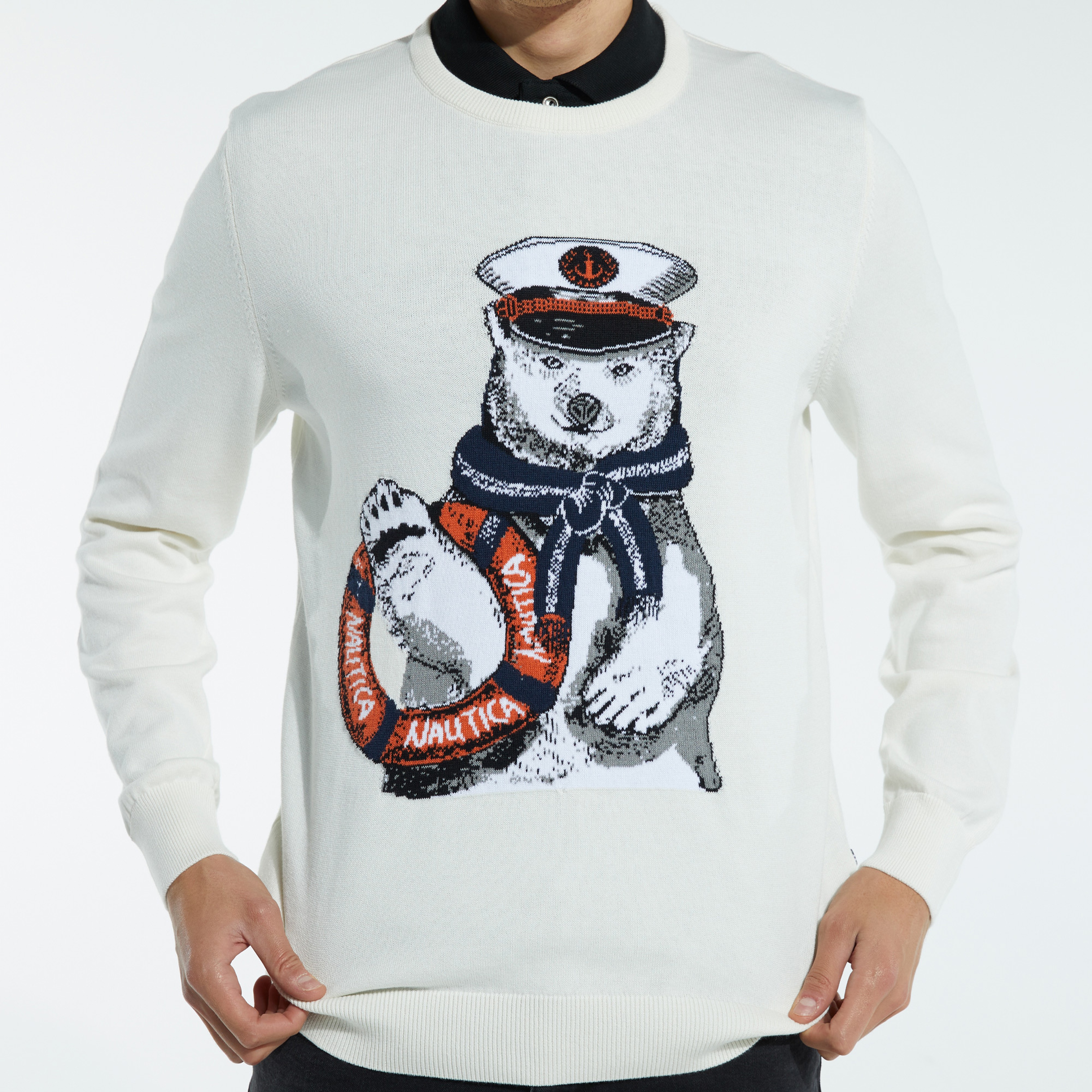 NAUTICA ERKEK KIRIK BEYAZ BASKILI TRİKO KAZAK