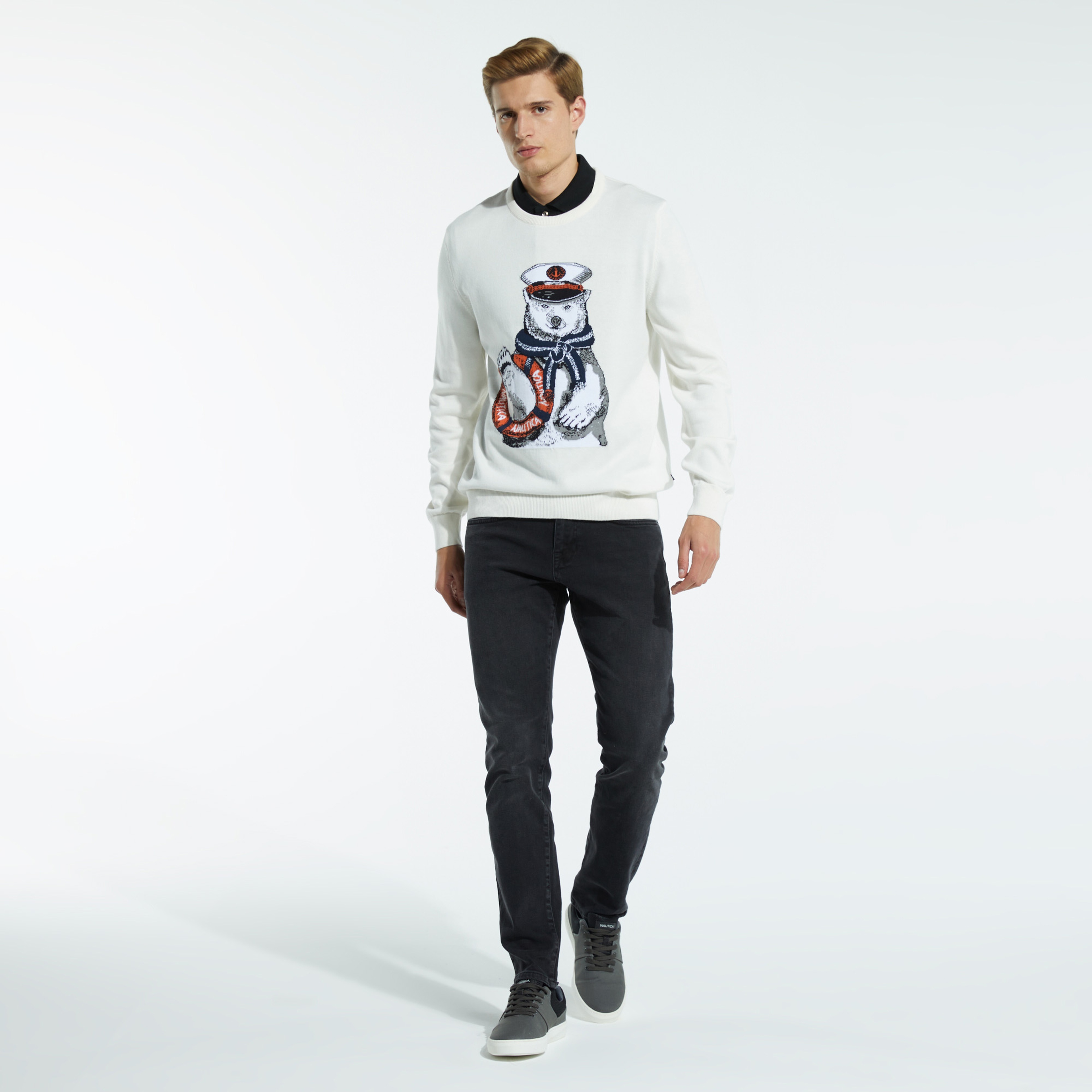 NAUTICA ERKEK KIRIK BEYAZ BASKILI TRİKO KAZAK