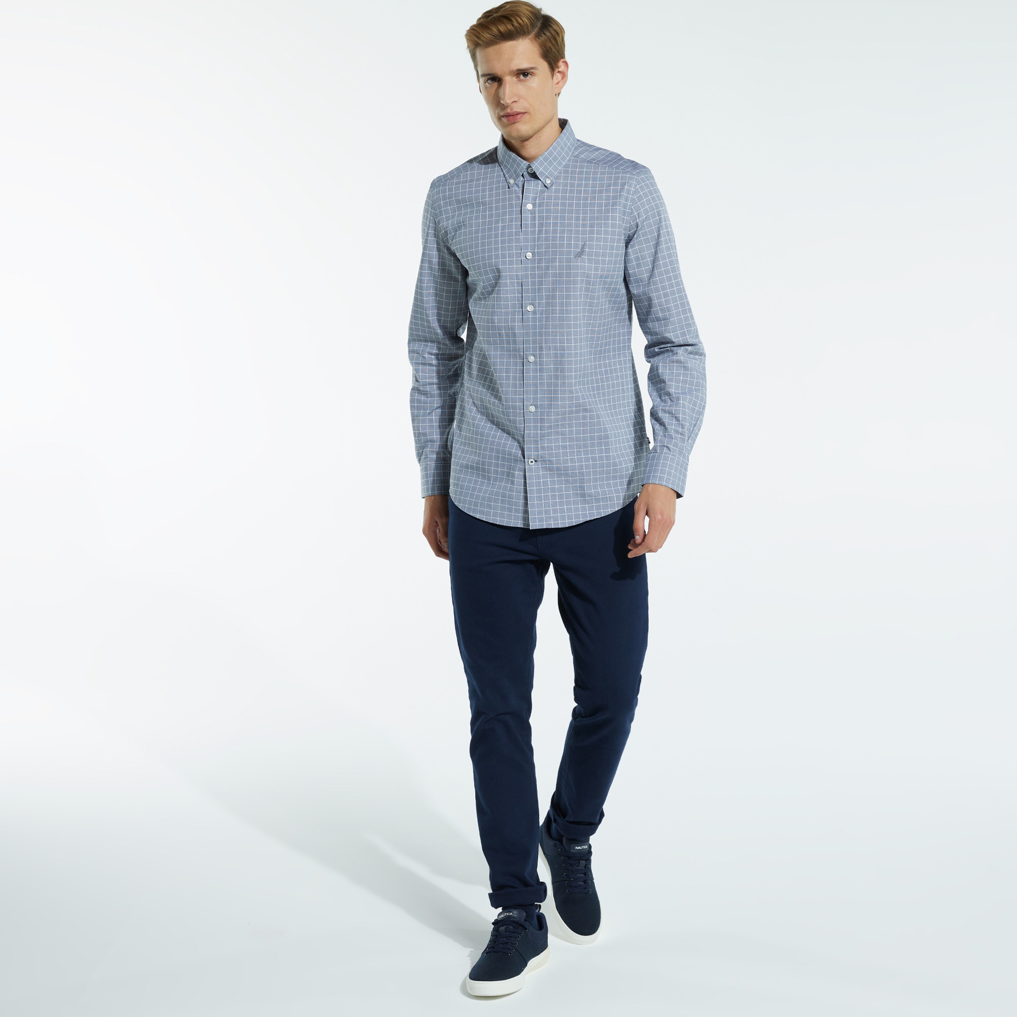 NAUTICA ERKEK LACİVERT UZUN KOLLU SLIM FIT KARELİ GÖMLEK