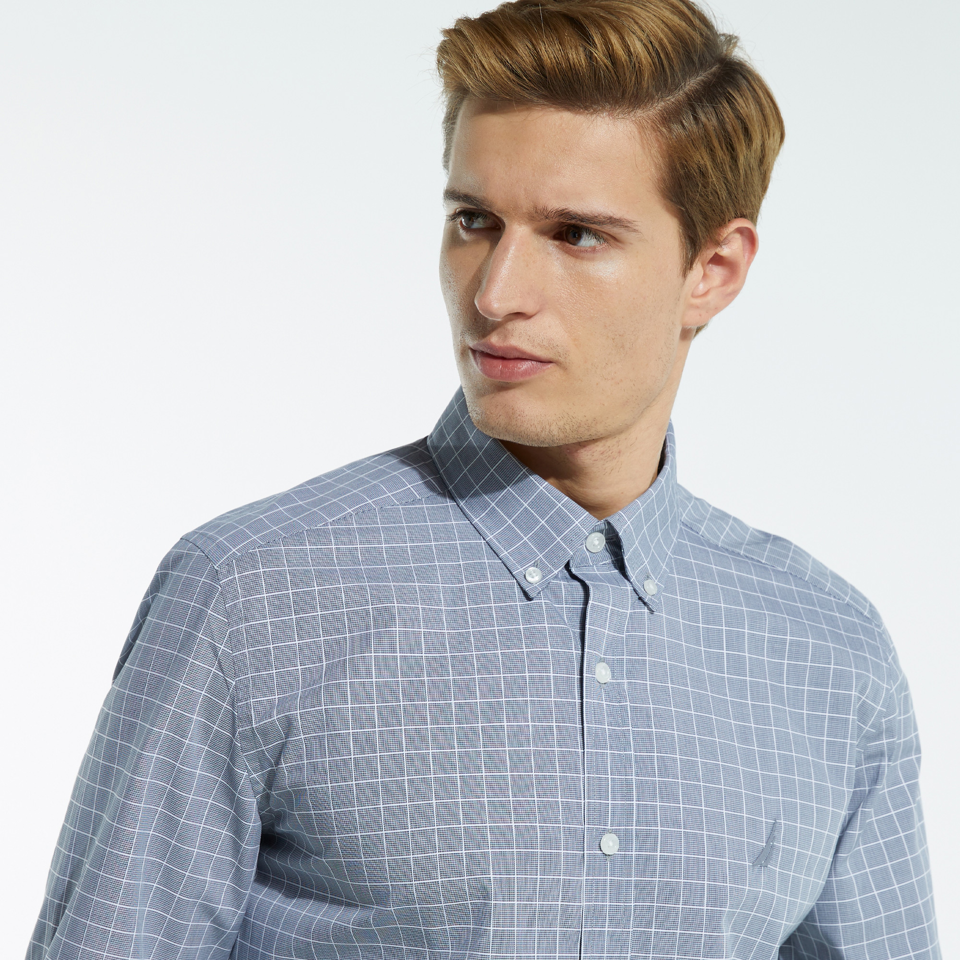 NAUTICA ERKEK LACİVERT UZUN KOLLU SLIM FIT KARELİ GÖMLEK