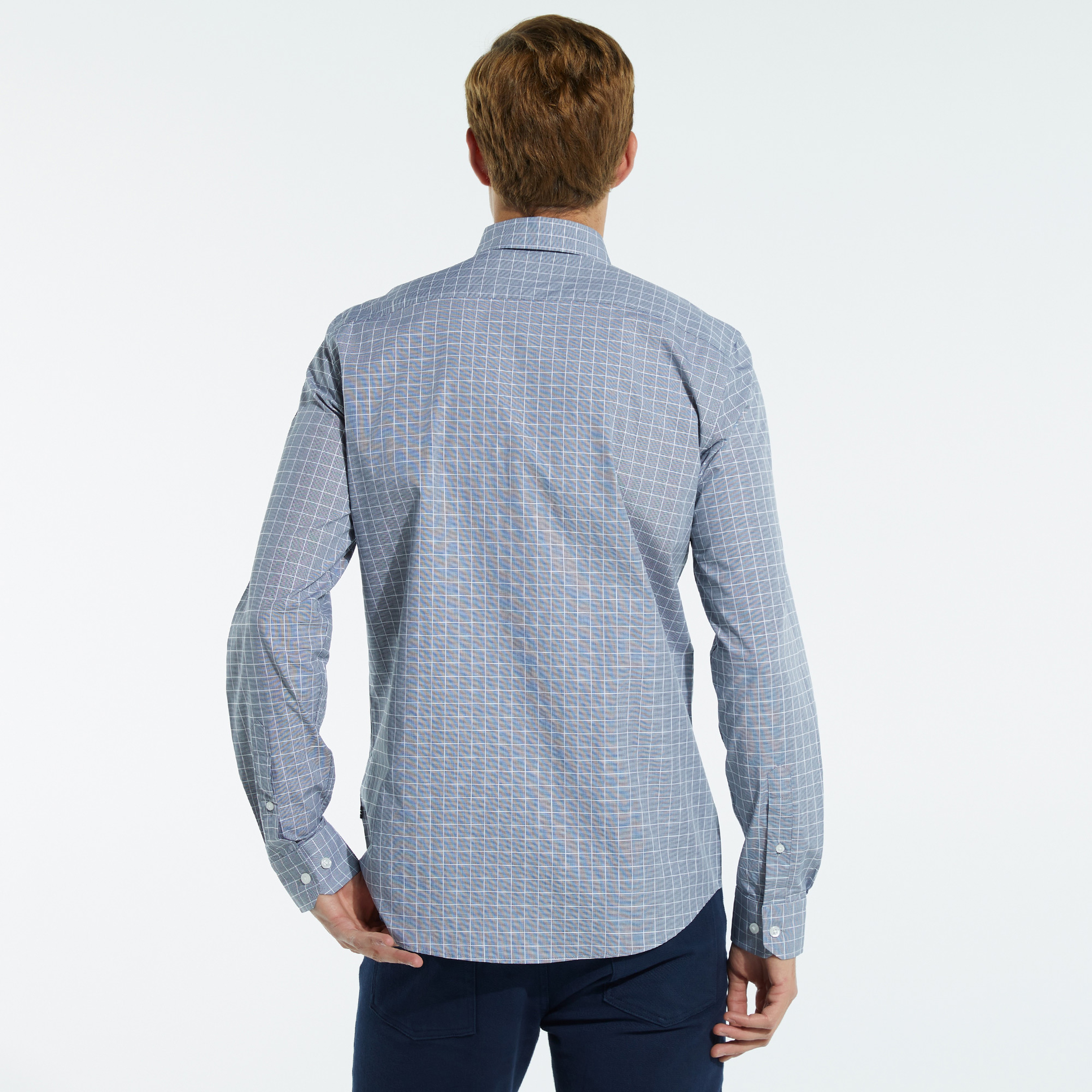 NAUTICA ERKEK LACİVERT UZUN KOLLU SLIM FIT KARELİ GÖMLEK