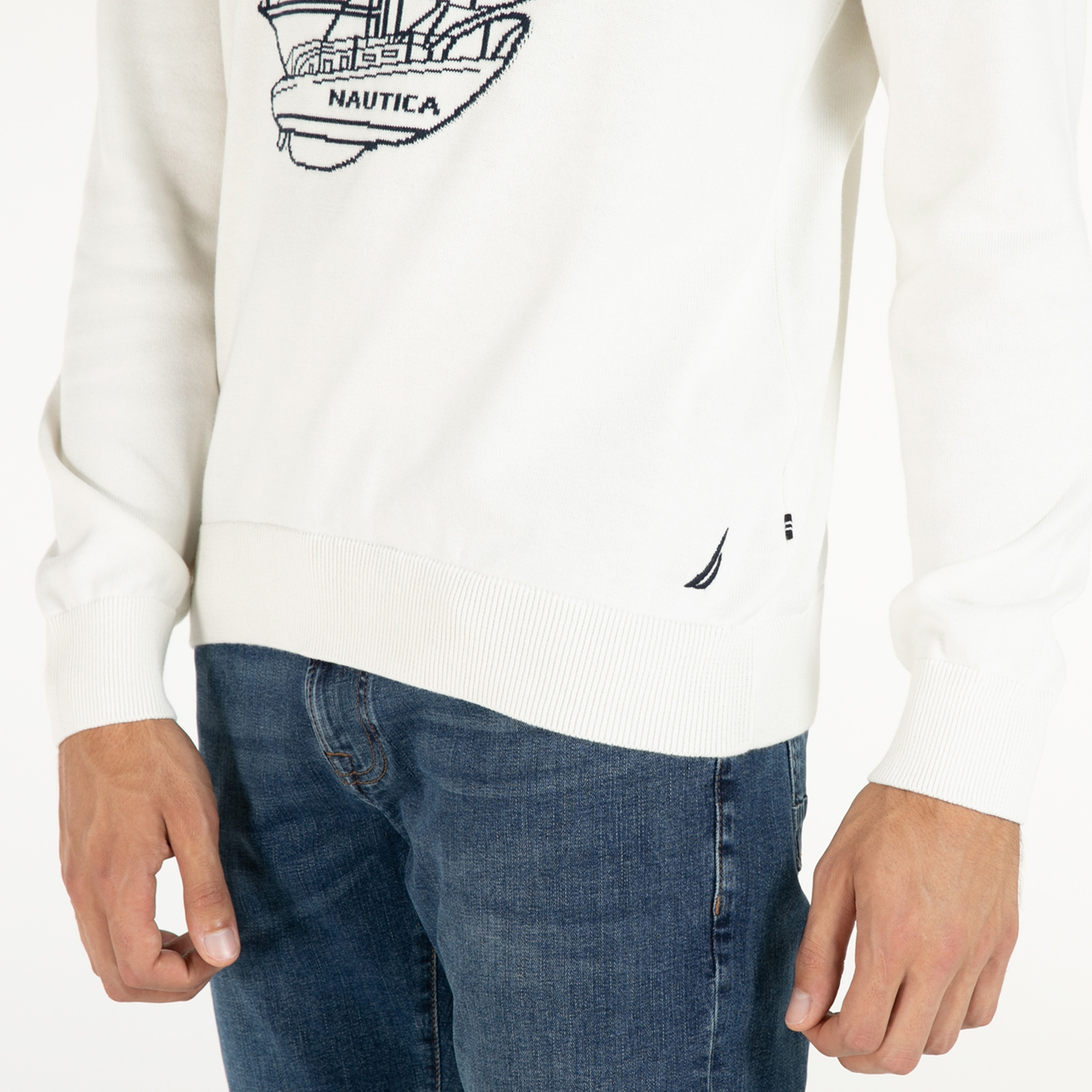 NAUTICA ERKEK KIRIK BEYAZ BASKILI TRİKO KAZAK