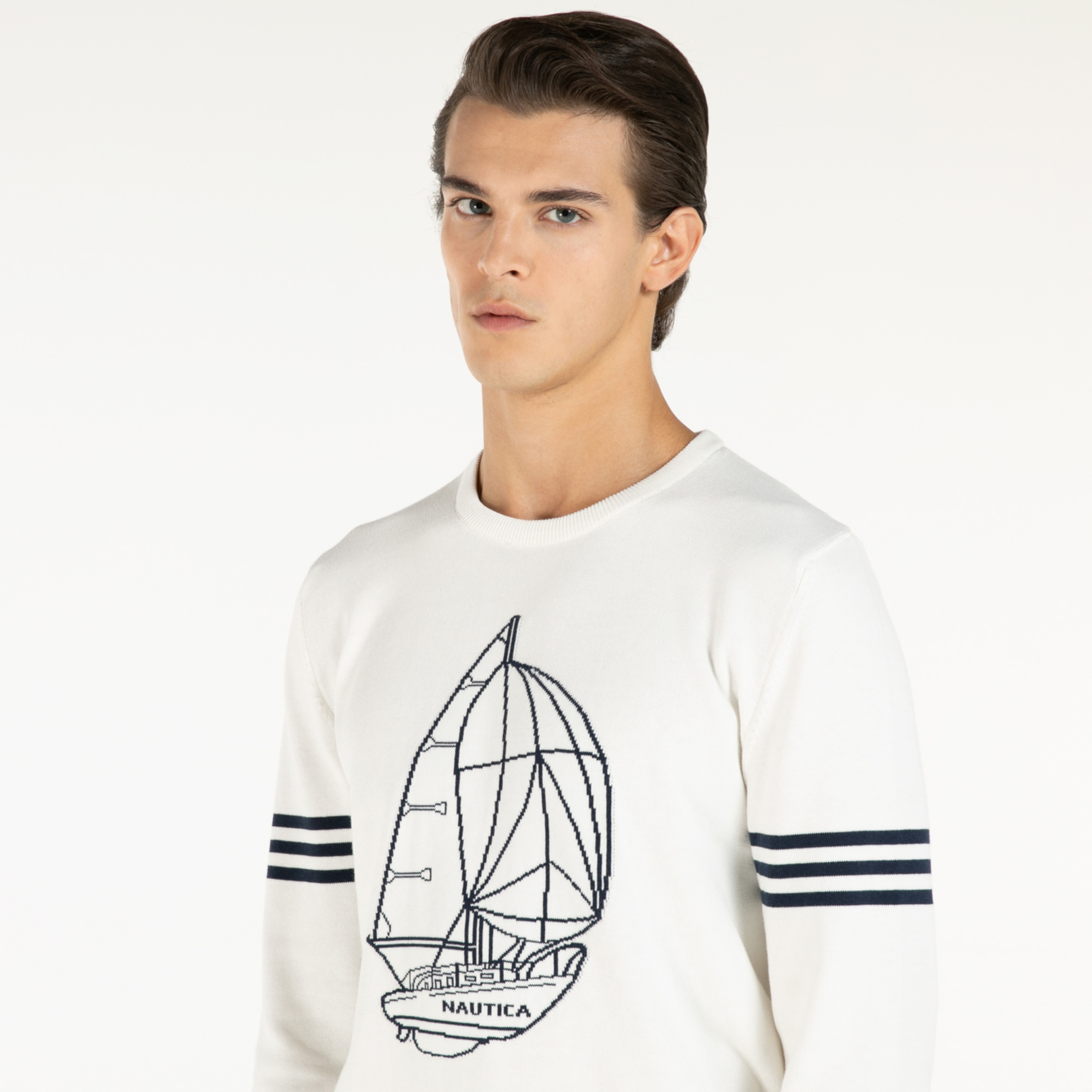 NAUTICA ERKEK KIRIK BEYAZ BASKILI TRİKO KAZAK