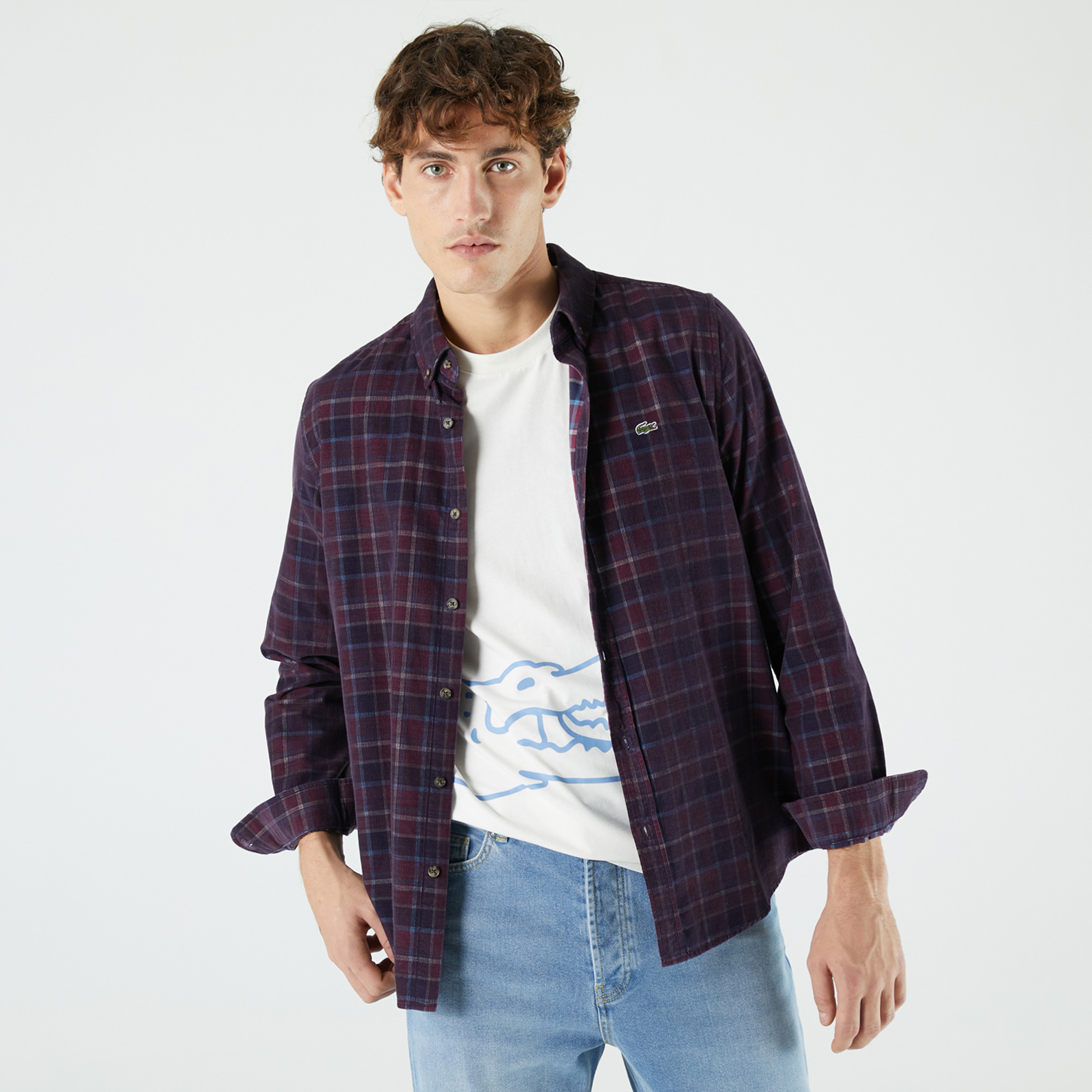 Lacoste Erkek Slim Fit Düğmeli Yaka Desenli Bordo Gömlek