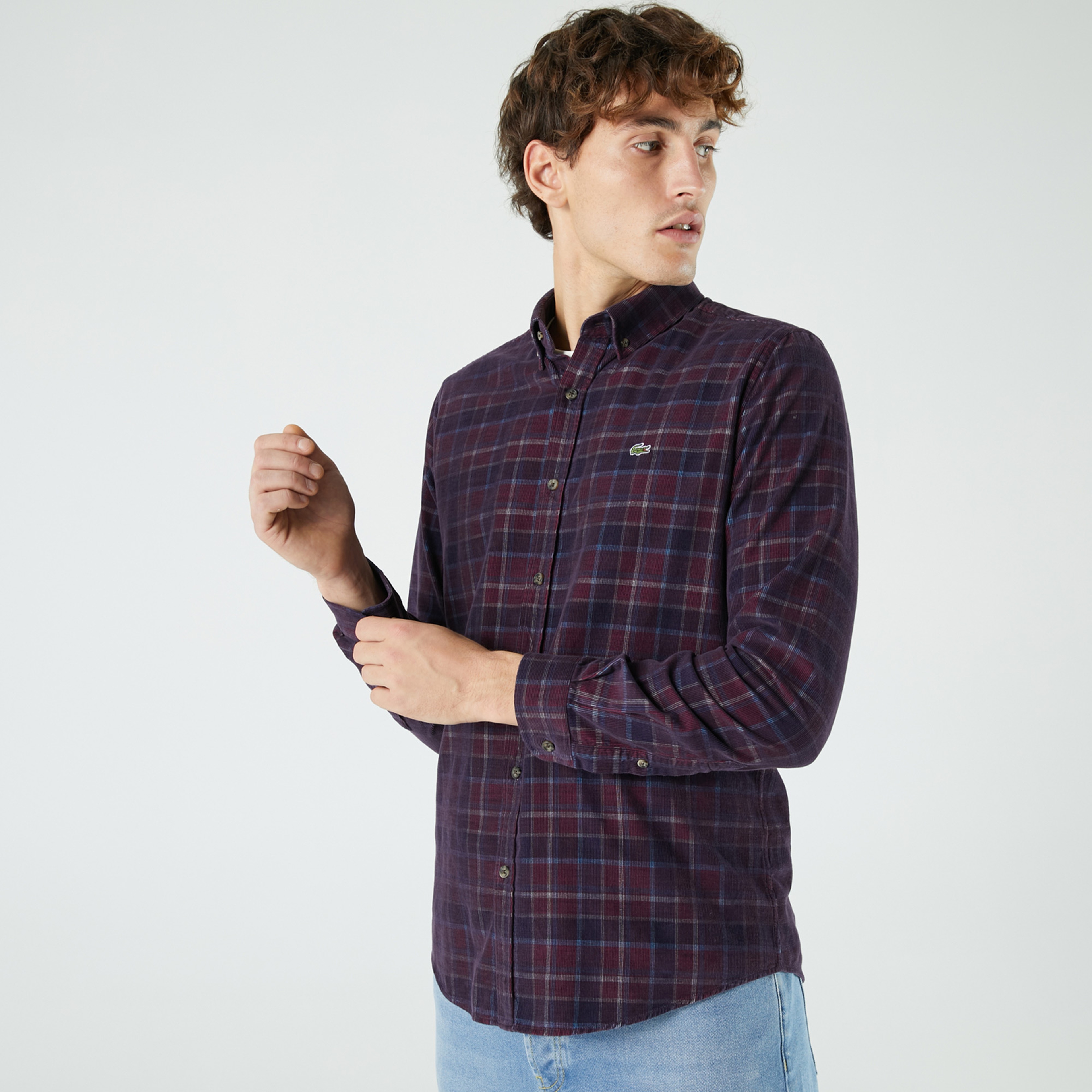 Lacoste Erkek Slim Fit Düğmeli Yaka Desenli Bordo Gömlek