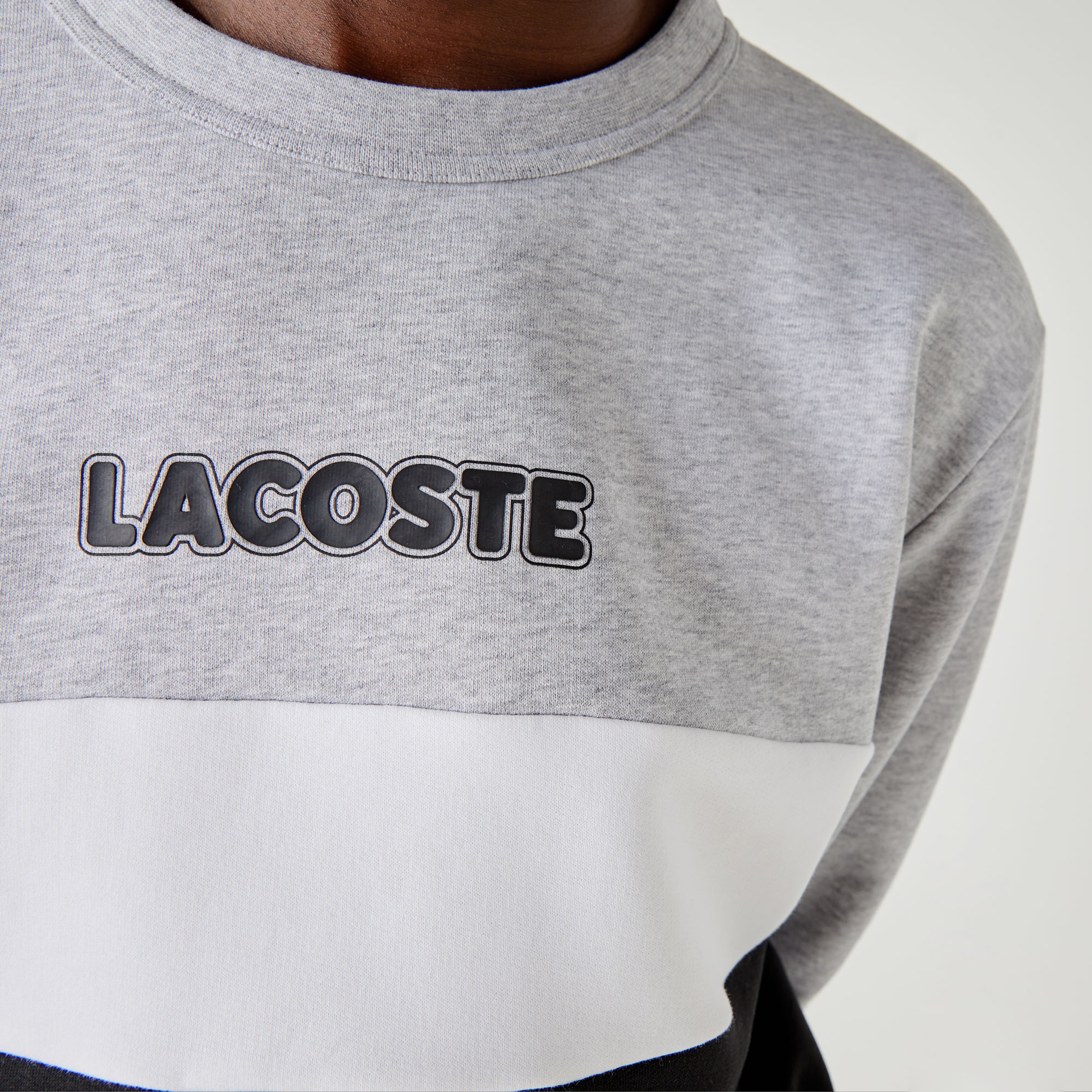 Lacoste Sport Erkek Blok Desenli Baskılı Bisiklet Yaka Gri Sweatshirt