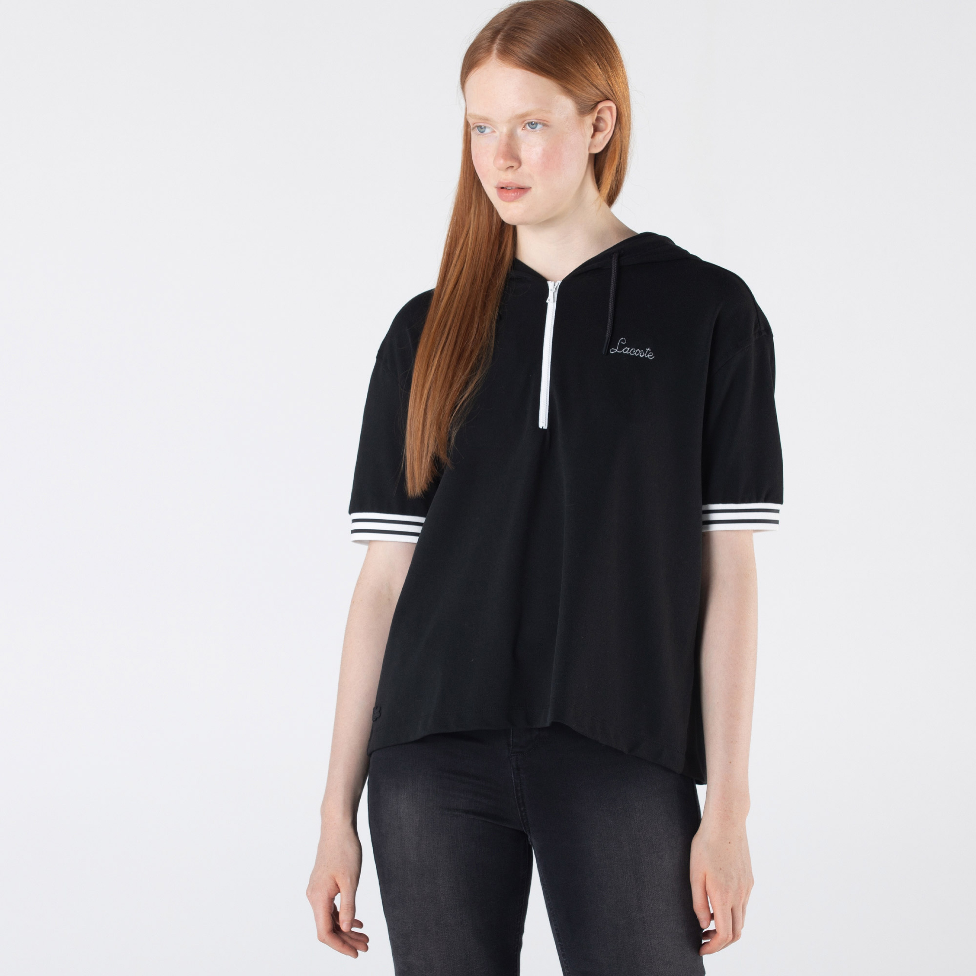 Lacoste Kadın Loose Fit Kapüşonlu Siyah Polo