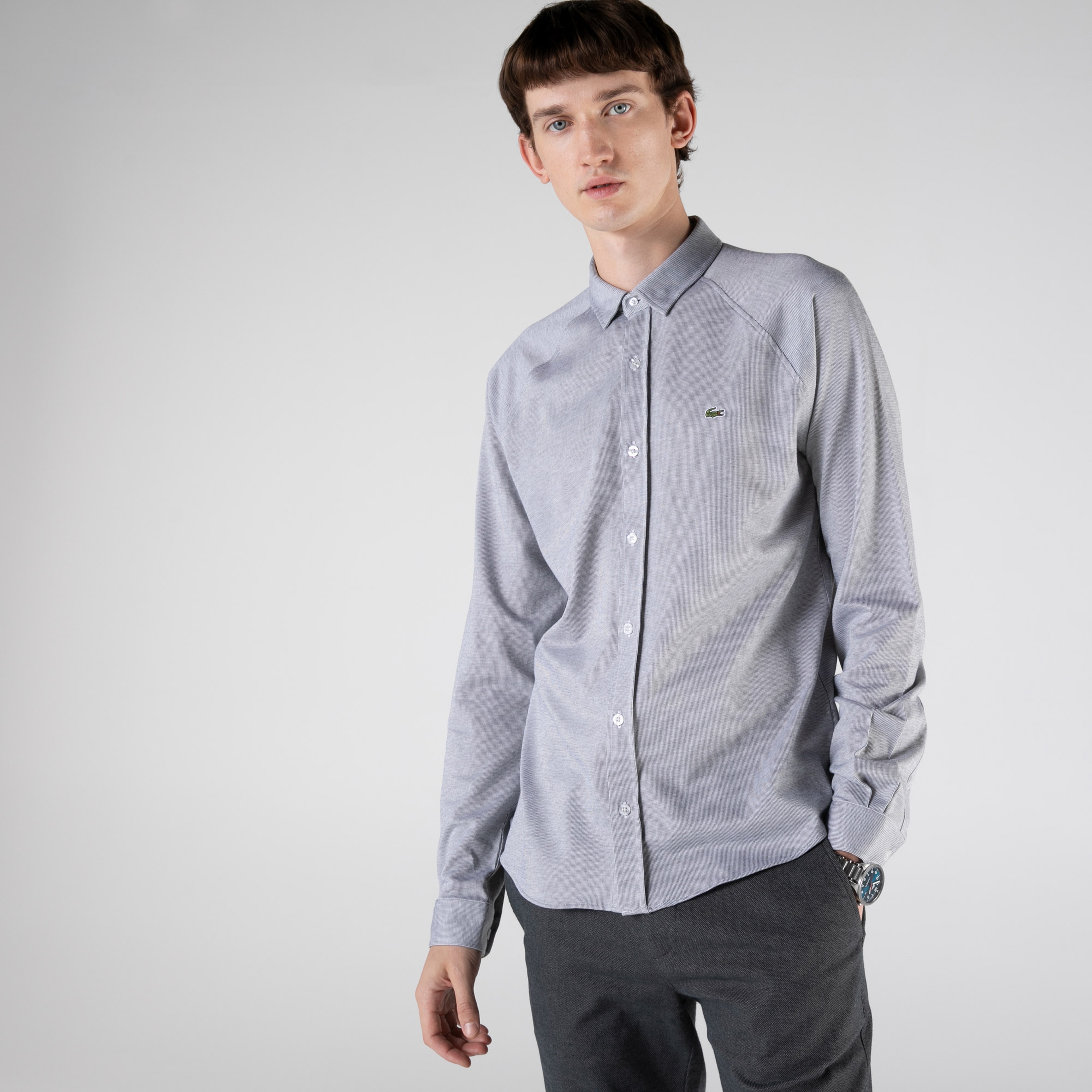 Lacoste Erkek Slim Fit Çizgili Gri Gömlek