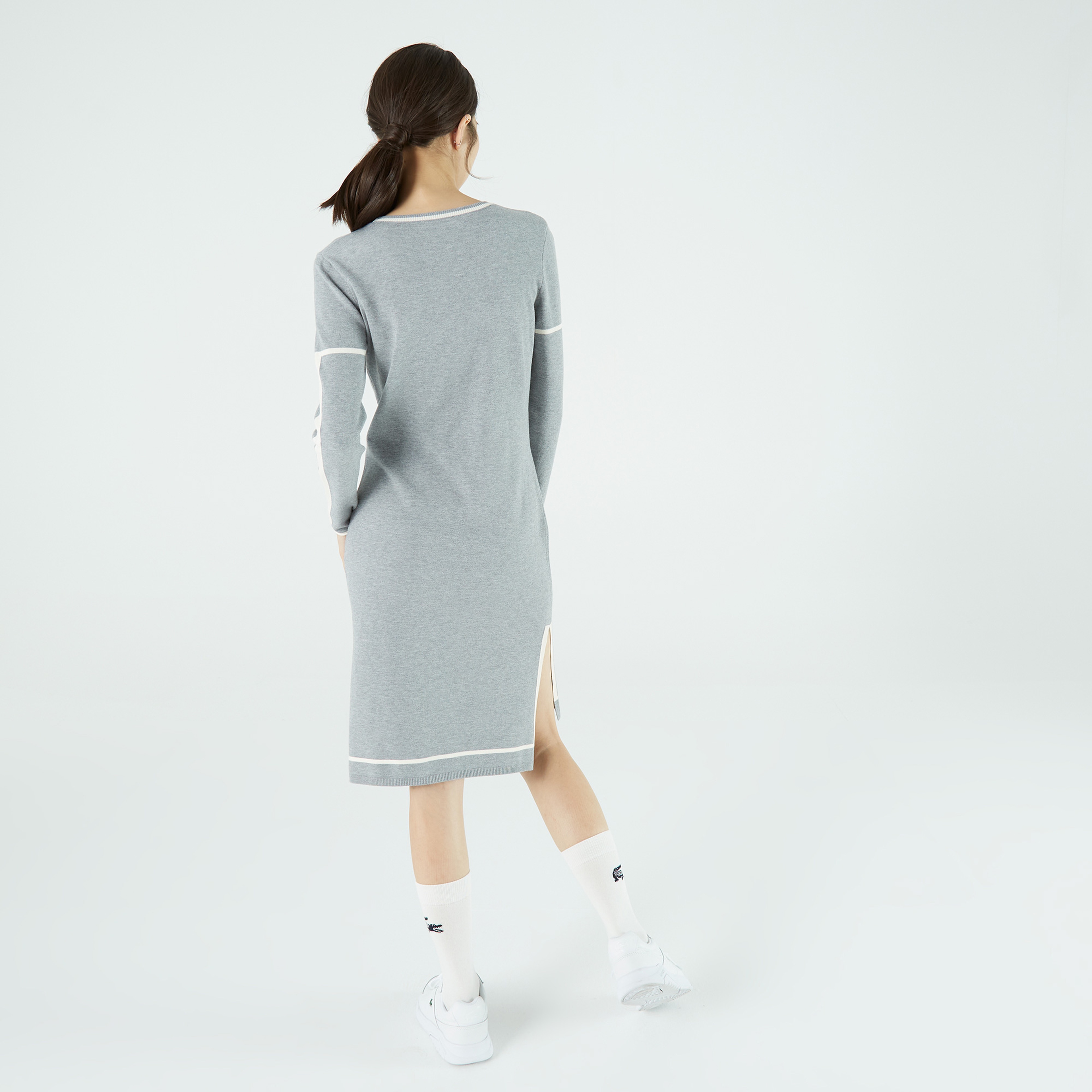 Lacoste Kadın Loose Fit Uzun Kollu Bisiklet Yaka Desenli Gri Elbise