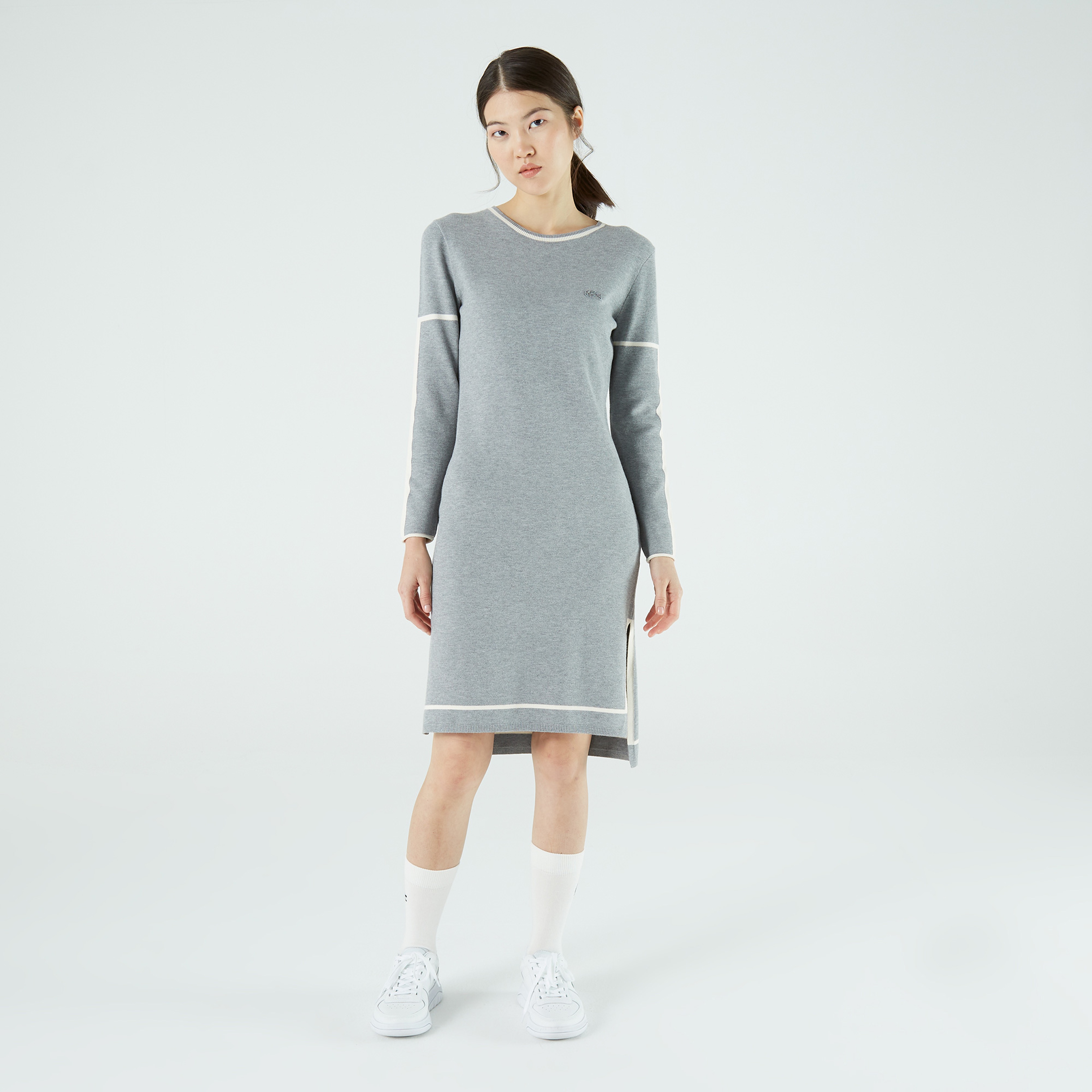 Lacoste Kadın Loose Fit Uzun Kollu Bisiklet Yaka Desenli Gri Elbise