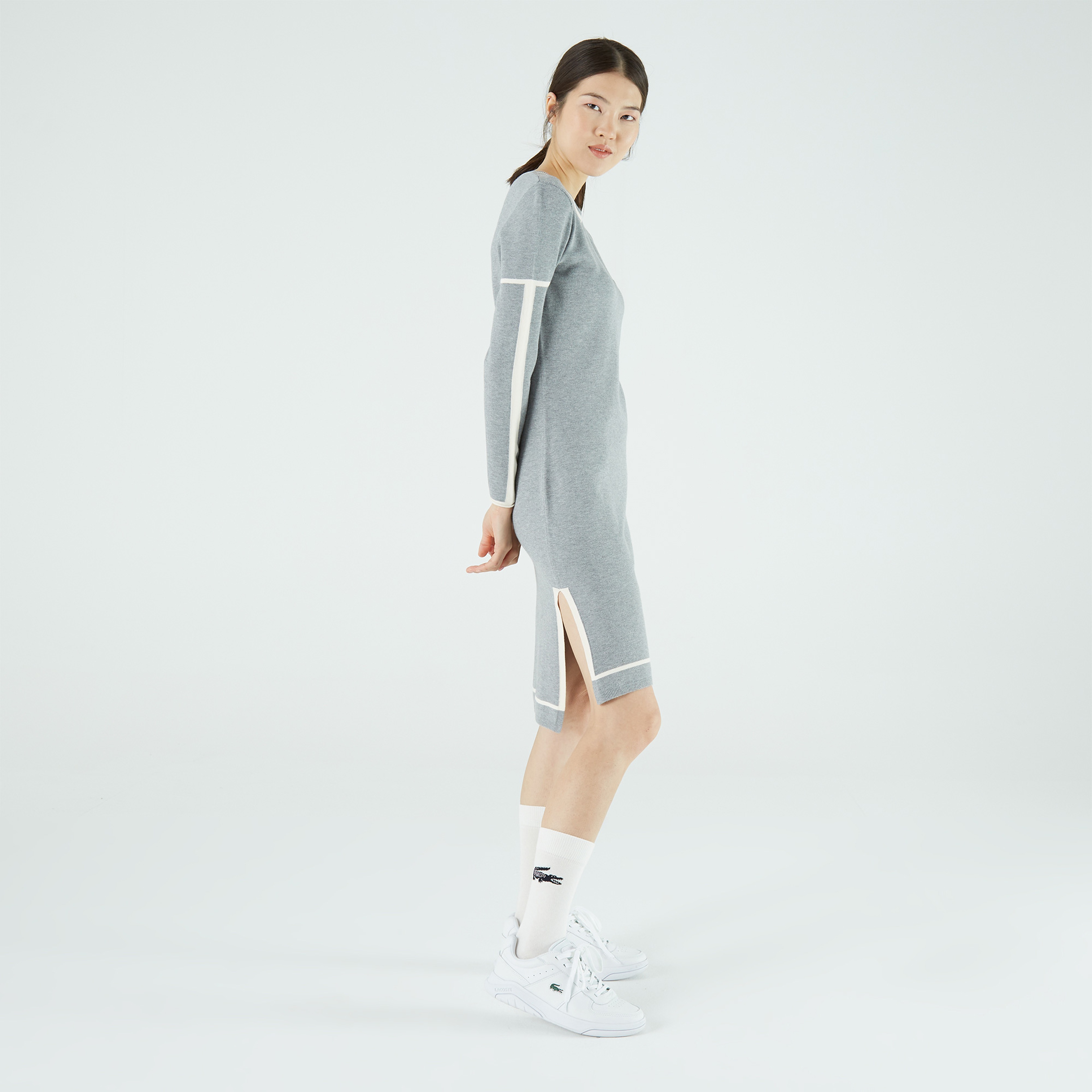 Lacoste Kadın Loose Fit Uzun Kollu Bisiklet Yaka Desenli Gri Elbise