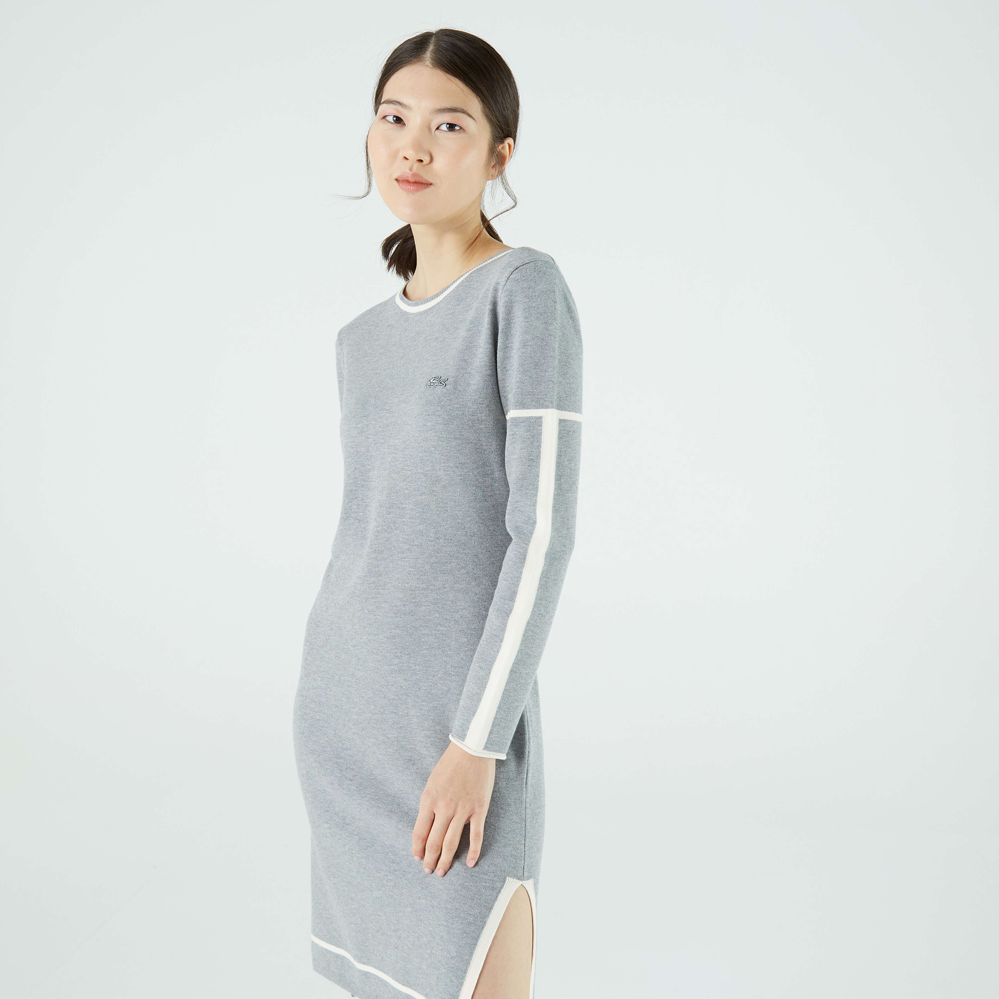 Lacoste Kadın Loose Fit Uzun Kollu Bisiklet Yaka Desenli Gri Elbise