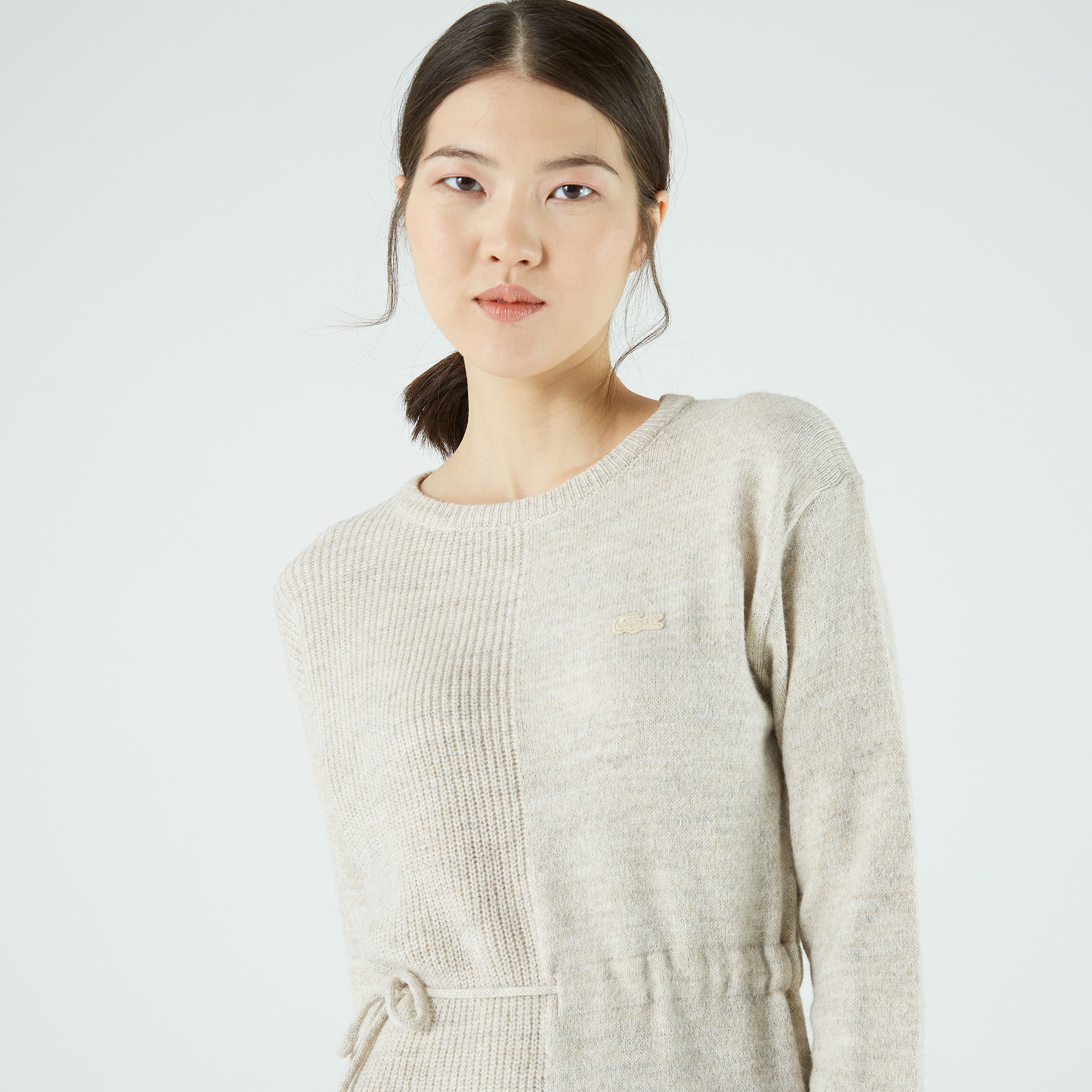 Lacoste Kadın Regular Fit Uzun Kollu Kayık Yaka Bej Elbise