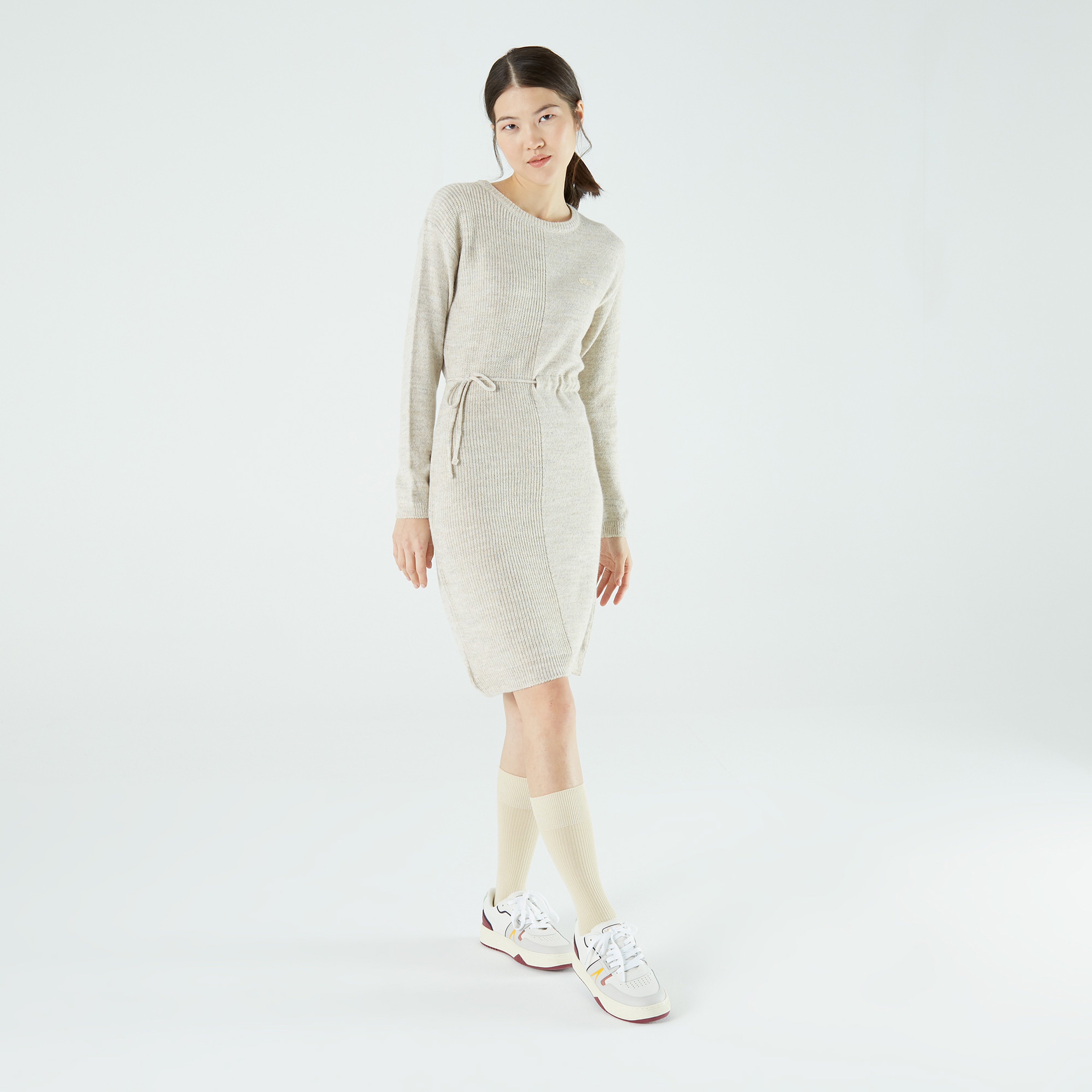 Lacoste Kadın Regular Fit Uzun Kollu Kayık Yaka Bej Elbise