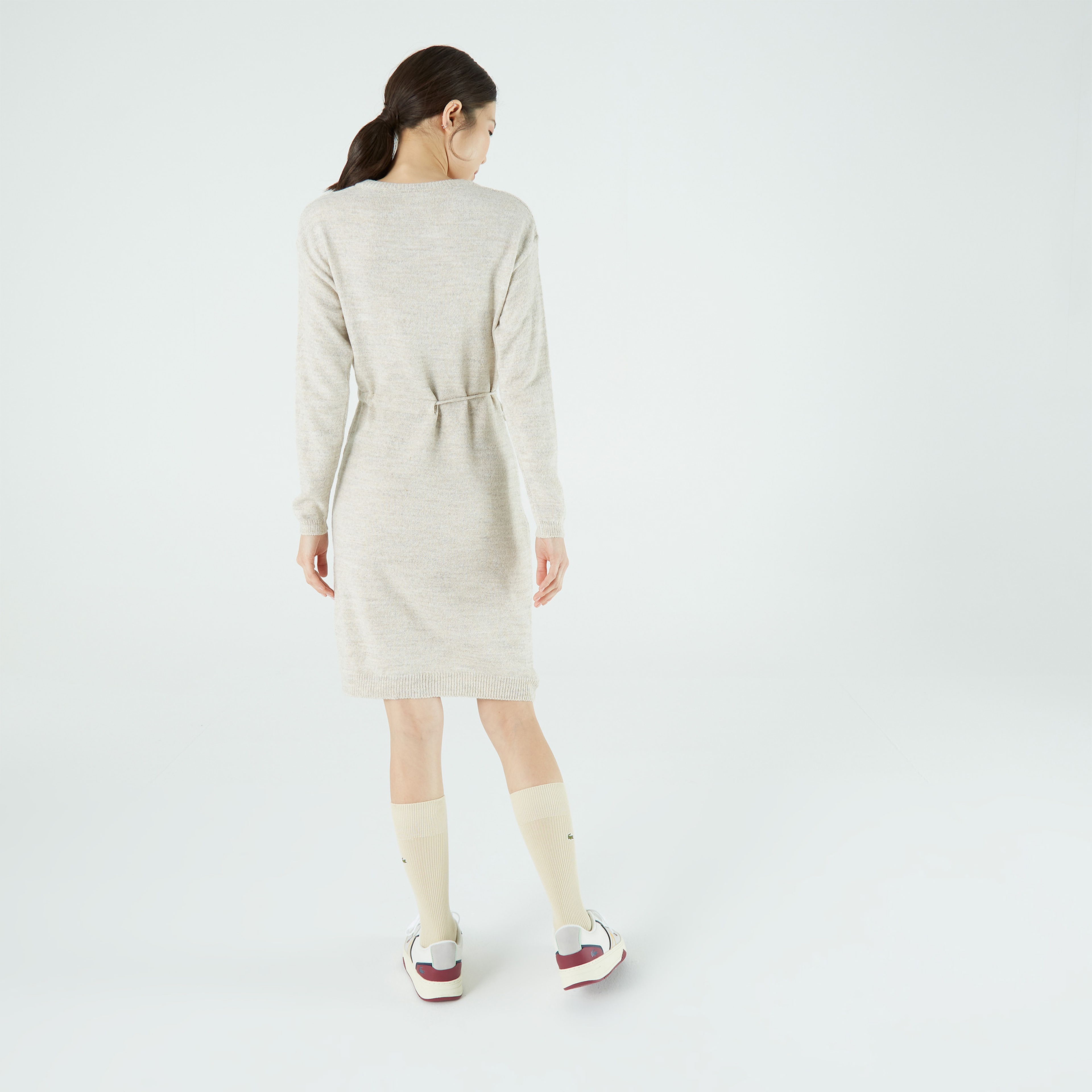 Lacoste Kadın Regular Fit Uzun Kollu Kayık Yaka Bej Elbise